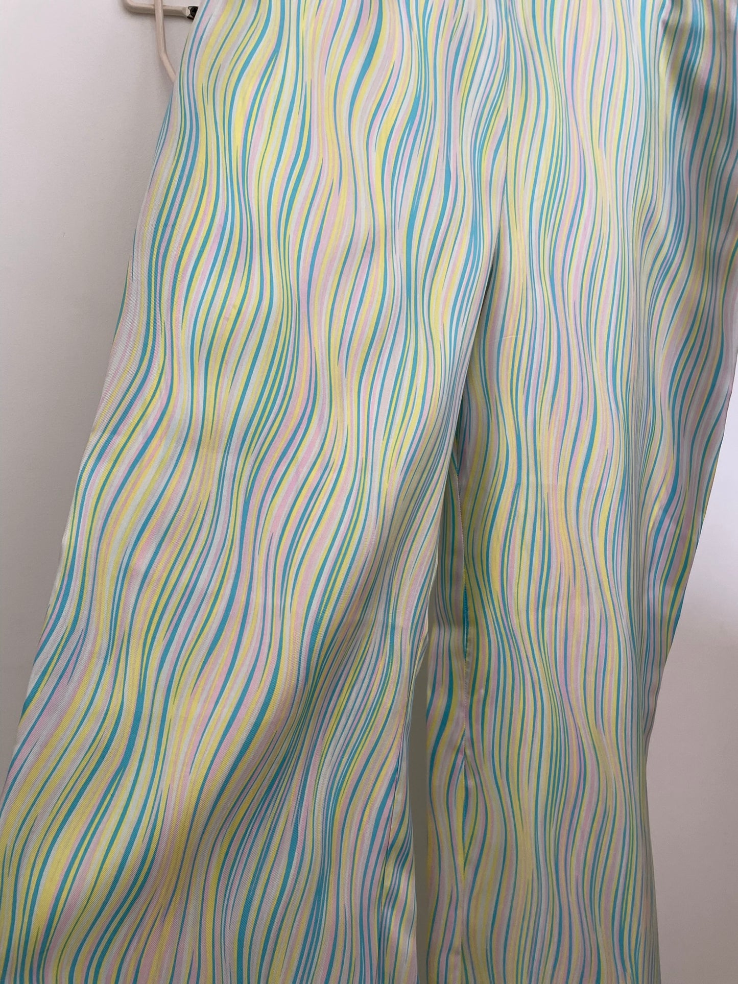 Missoni 2000's silk white palazzo pants with wavy blue, green & yellow lines