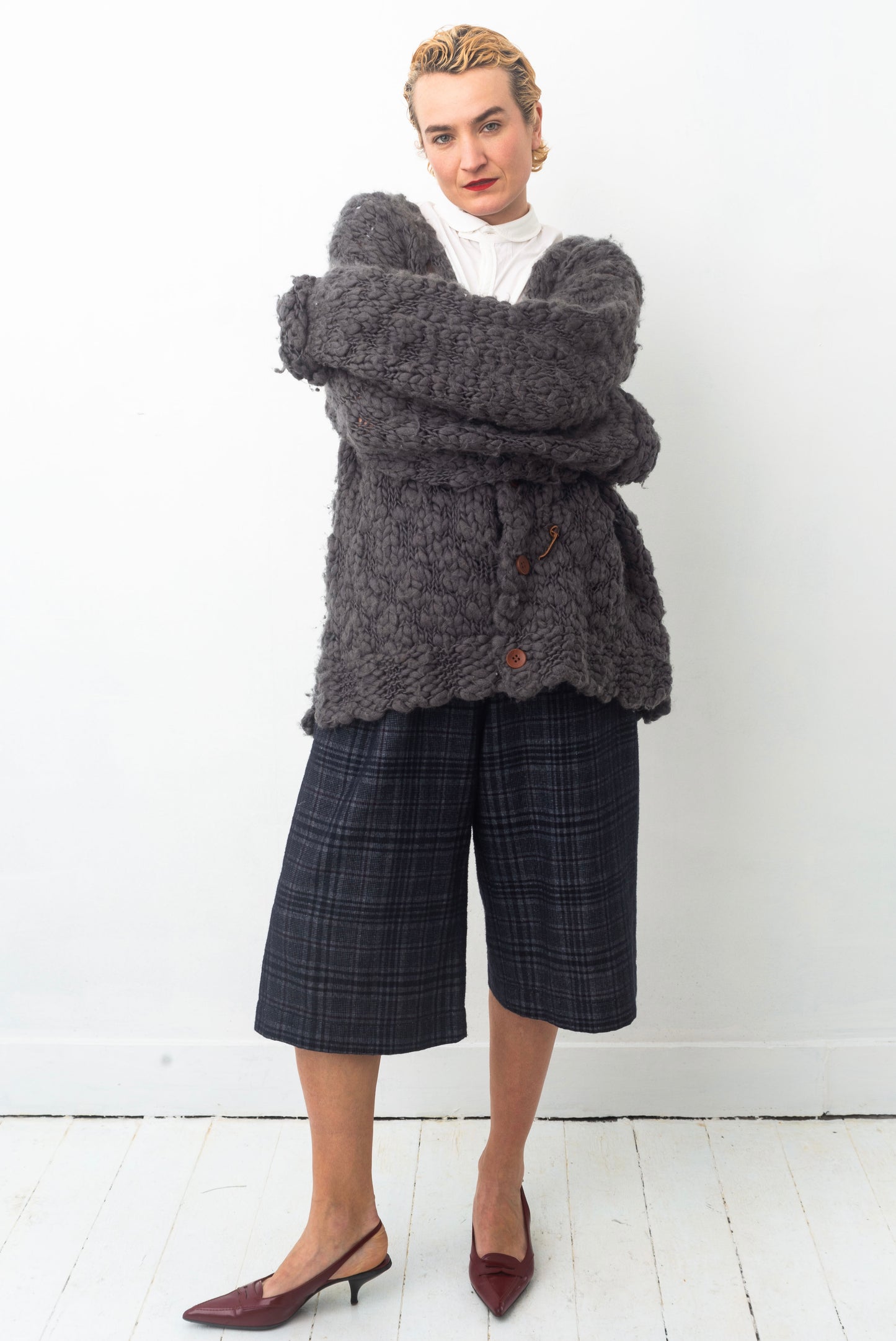 Issey Miyake FW 1994 Men’s chunky knit grey sweater with leather string detail