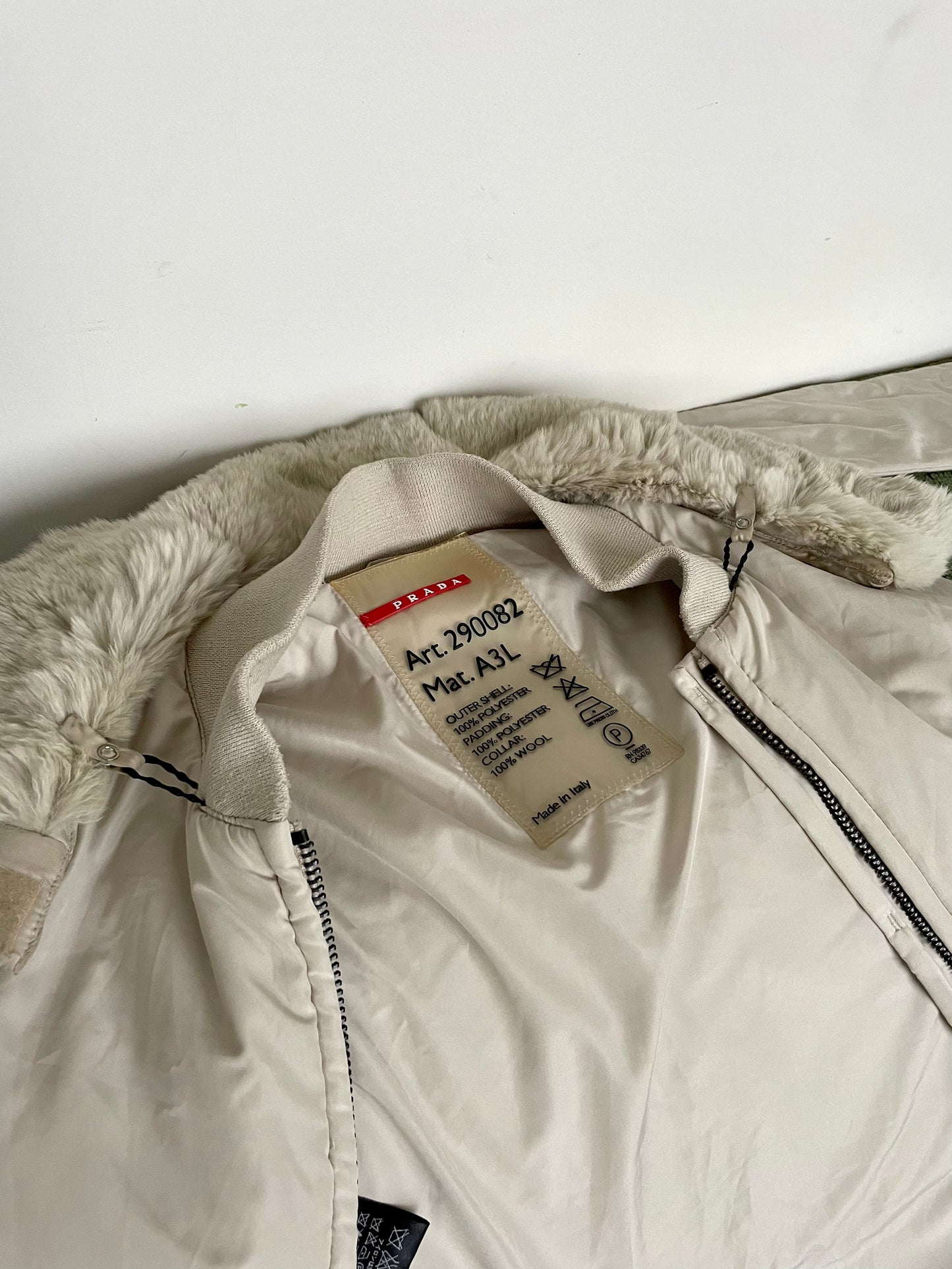 Prada 2000’s off-white nylon bodywarmer with removable fur collar and scarf