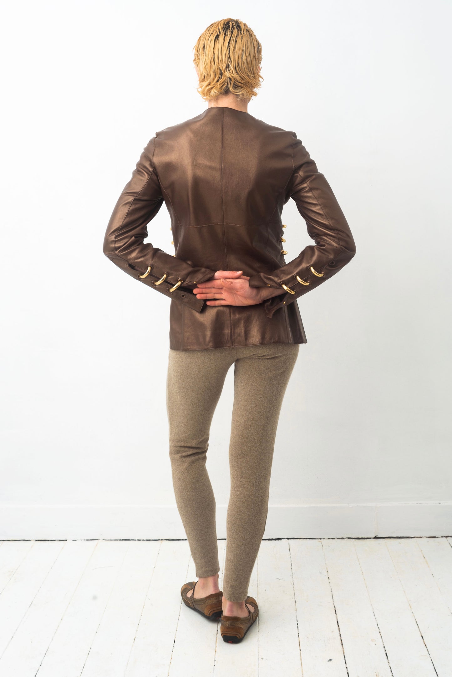 Gianfranco Ferre 80´s bronze leather jacket with golden pierced rings