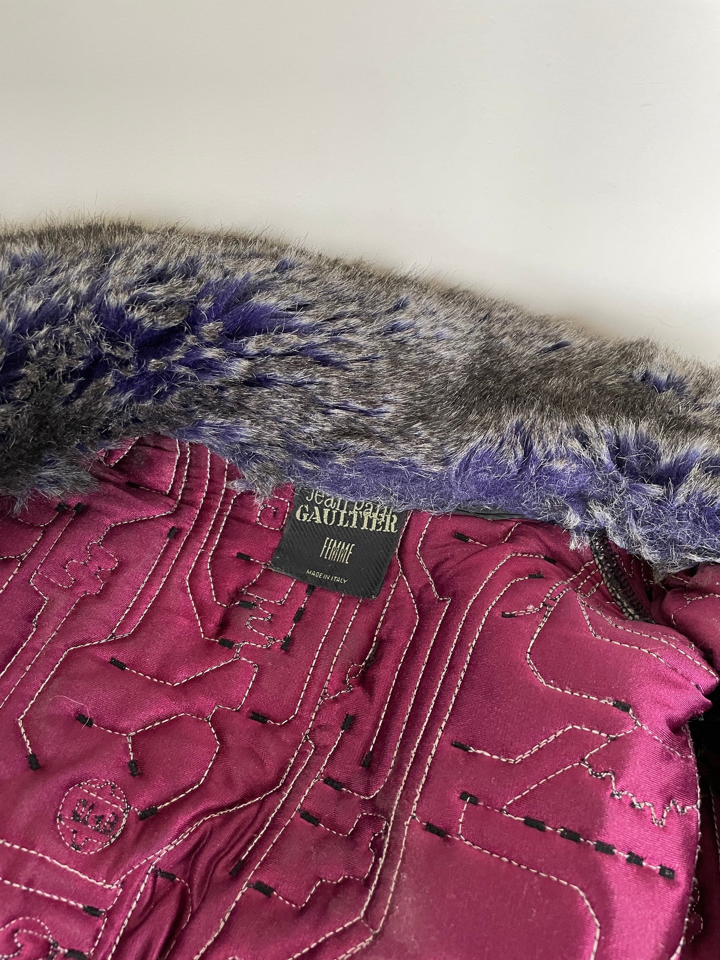 Jean Paul Gaultier FW 1995 faux fur nylon coat with circuit board stitching