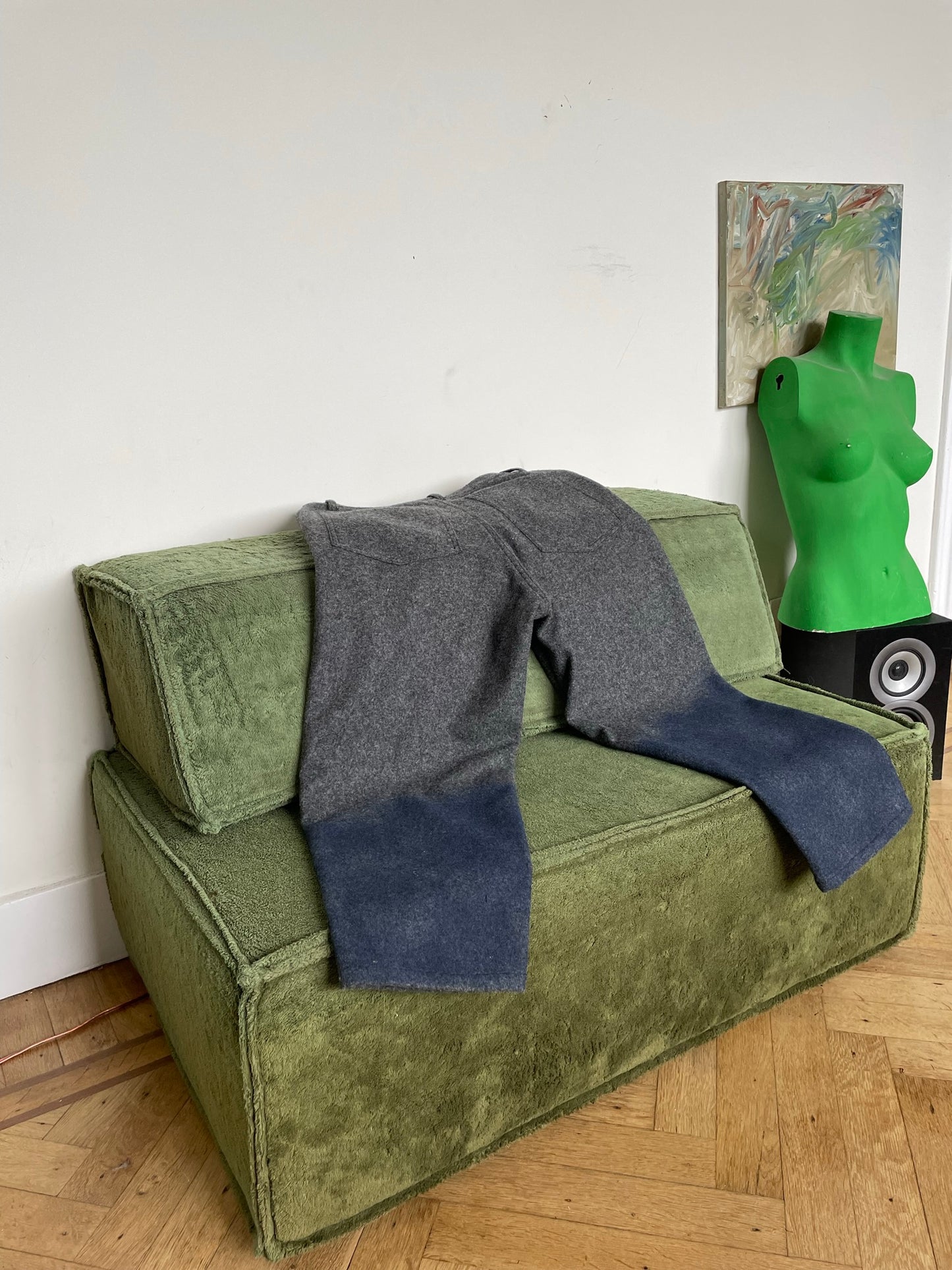Comme des Garçons 2000's grey wool trousers with waxed blue coated ombre effect