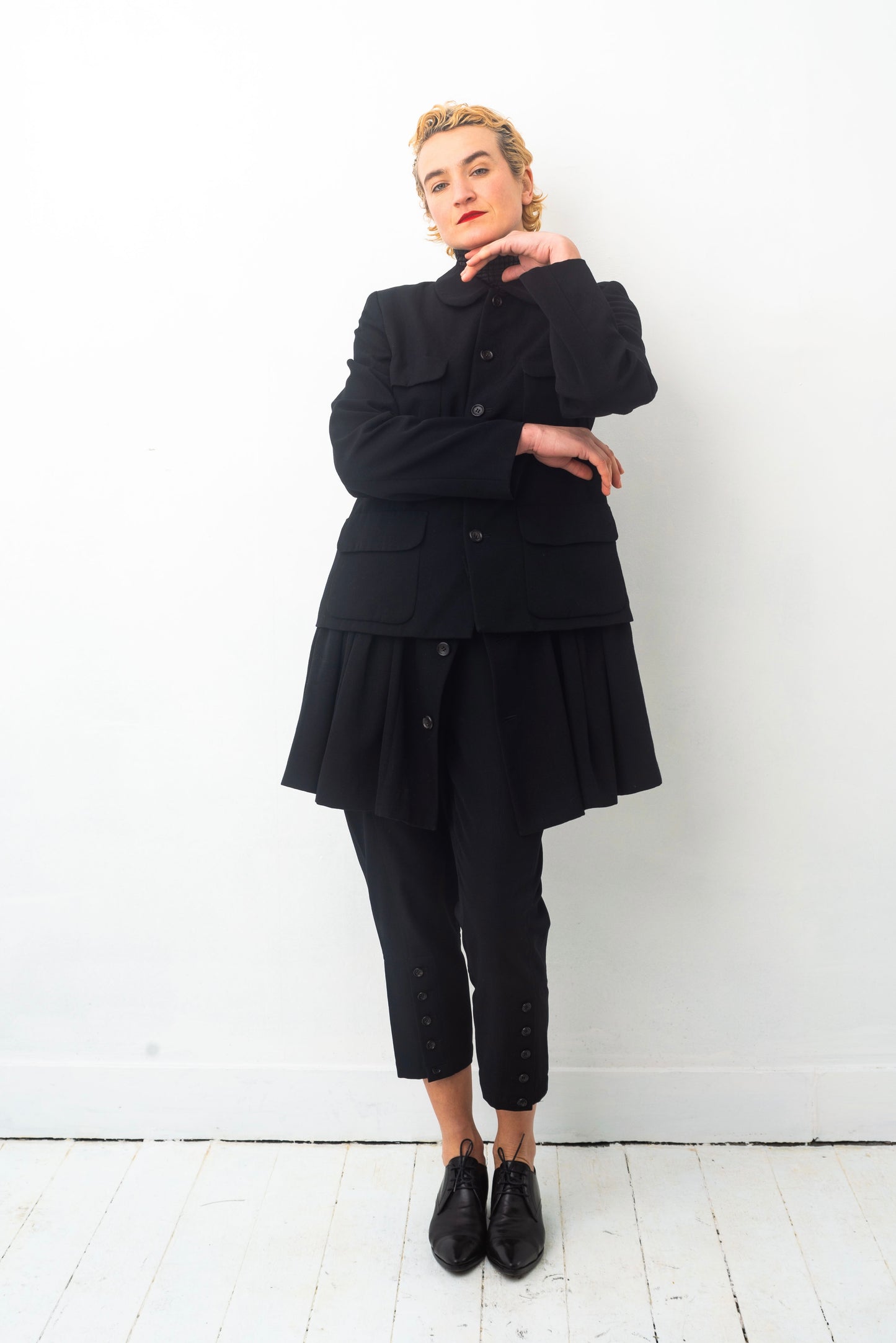 Comme des Garçons AD 1995 black wool coat with attached skirt