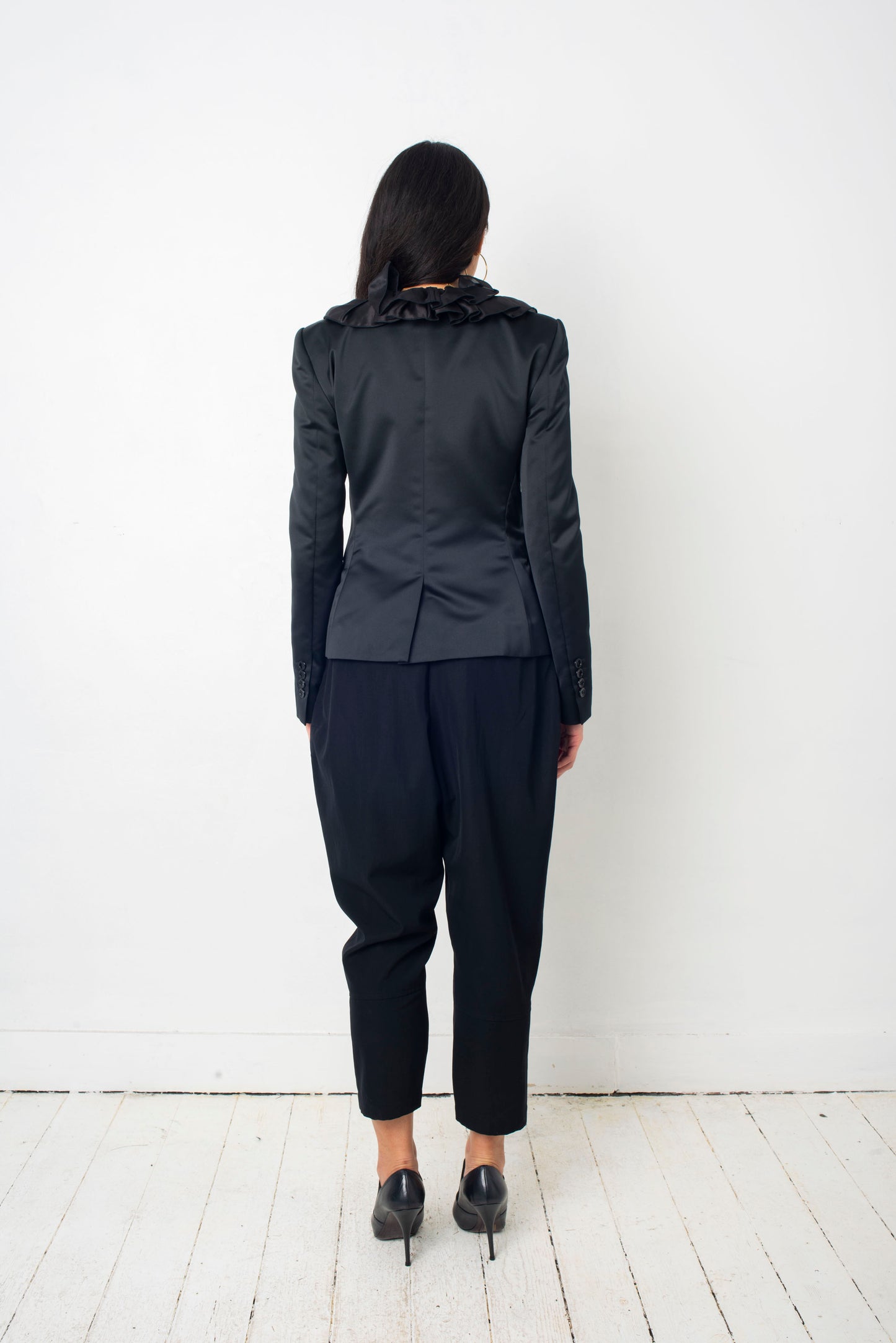 D&G black silk smoking blazer with ruffled collar