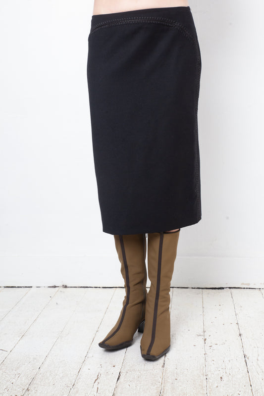 Alexander McQueen Fall 2002 black wool pencil skirt with embroidered stitching
