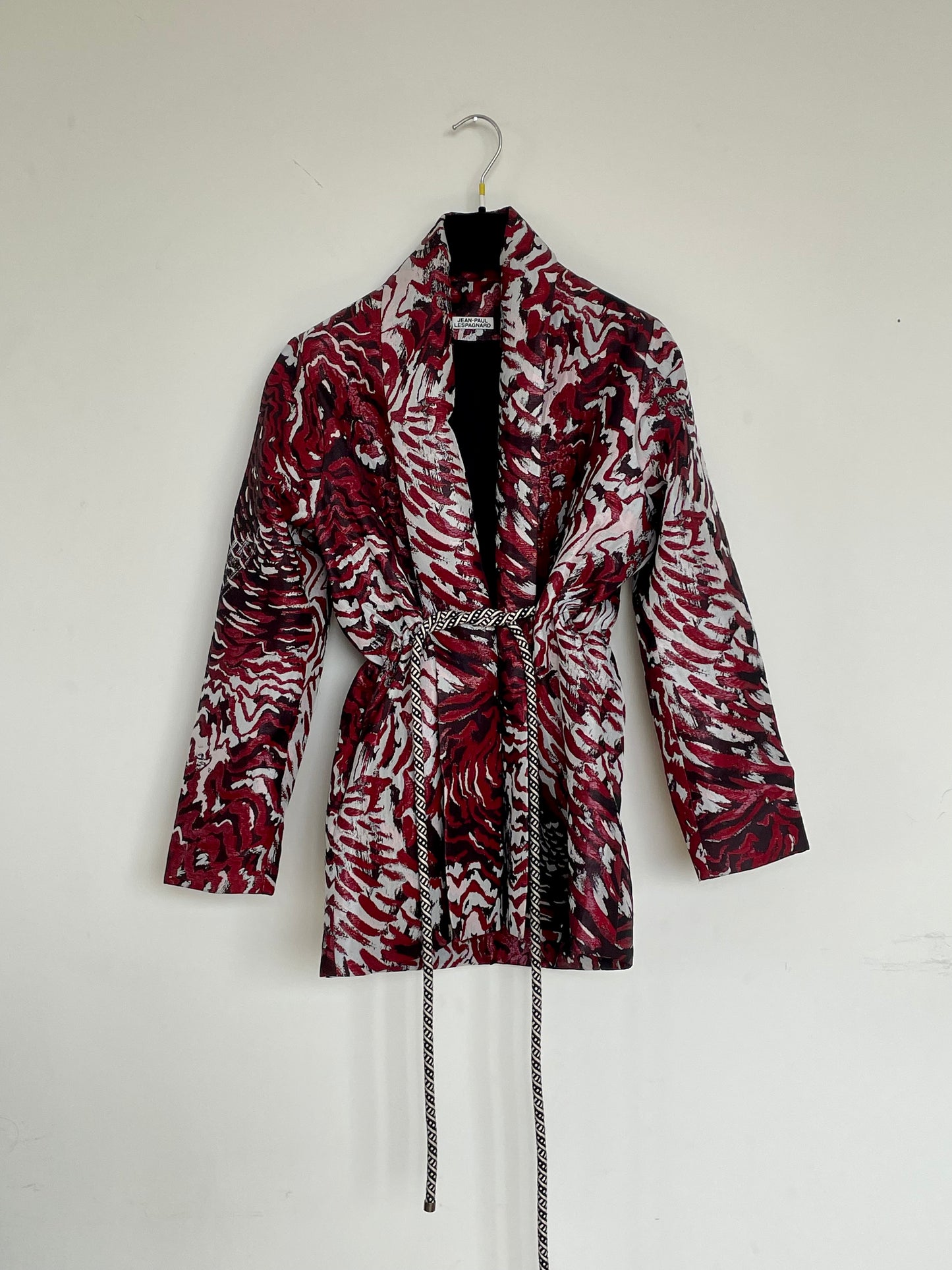 Jean-Paul Lespagnard red, black and white lurex jacket with wavy pattern and rope belt