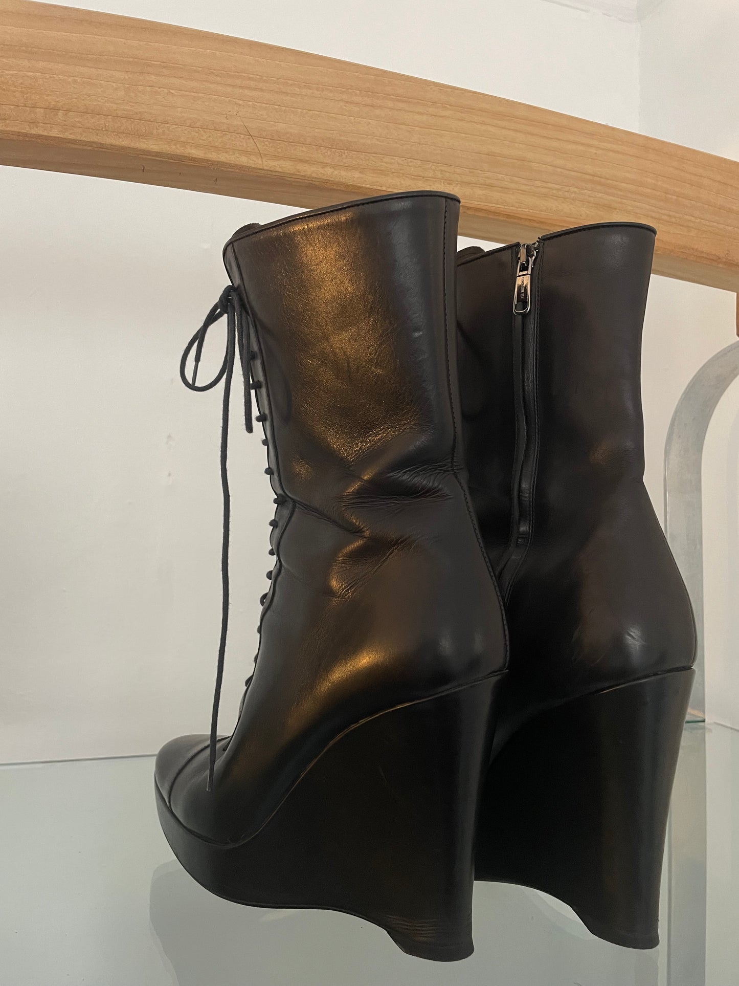 Jil Sander FW 2006 killer black laced up wedge-heel boots