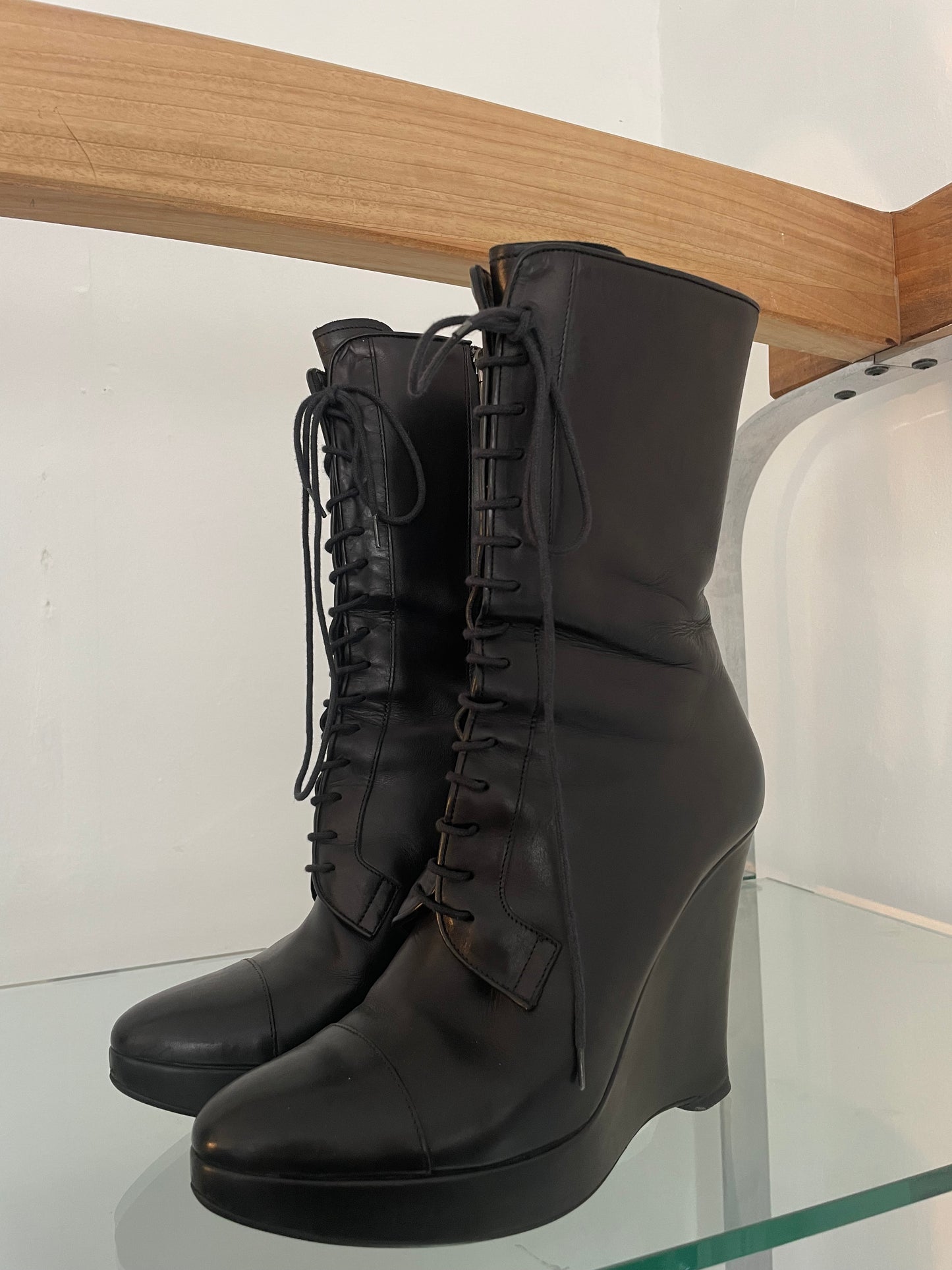 Jil Sander FW 2006 killer black laced up wedge-heel boots