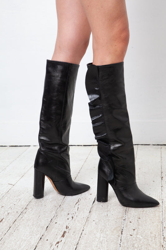Isabelle Marrant 2010's black leather boots with leather side ruffle size 38