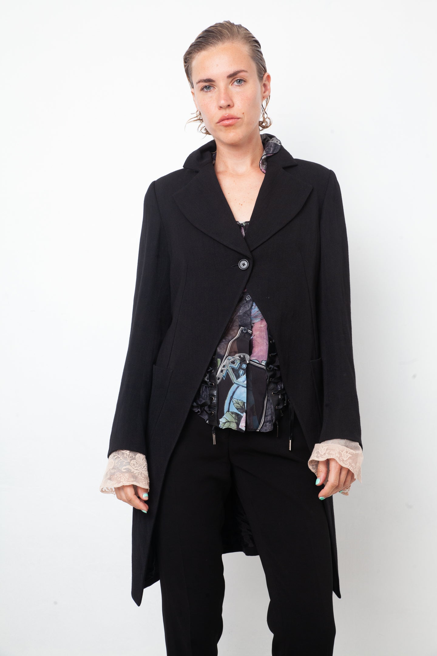 Ann Demeulemeester 2000's black wool tailcoat with pink lace cuffs