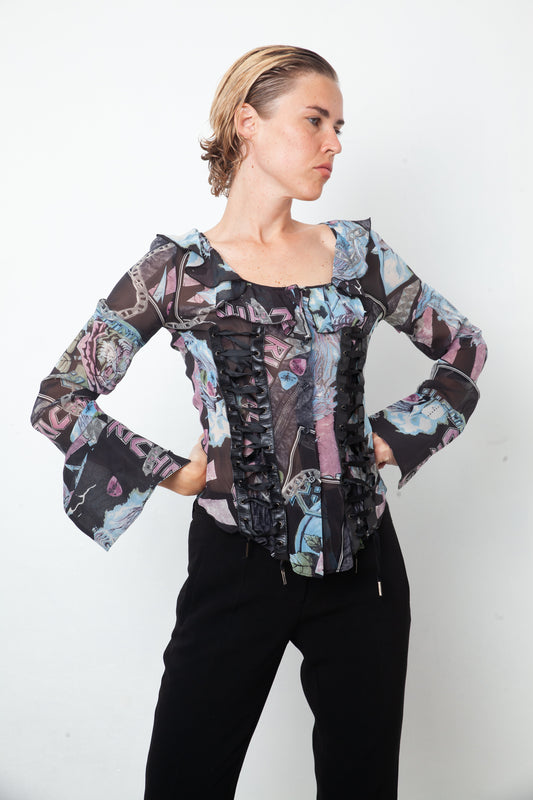 John Richmond 2000's silk black, blue & pink graphic printed shirt with lace detail