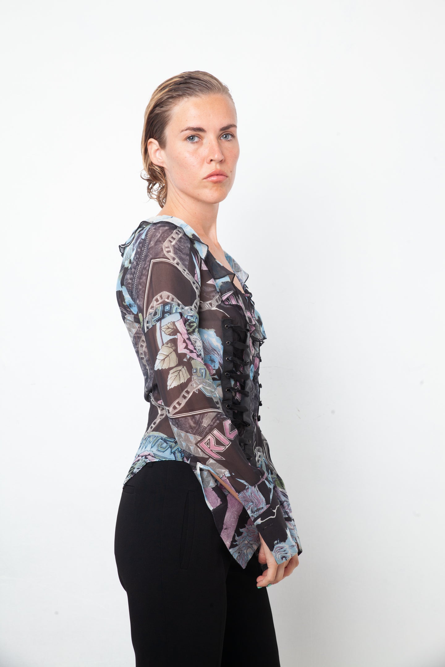 John Richmond 2000's silk black, blue & pink graphic printed shirt with lace detail