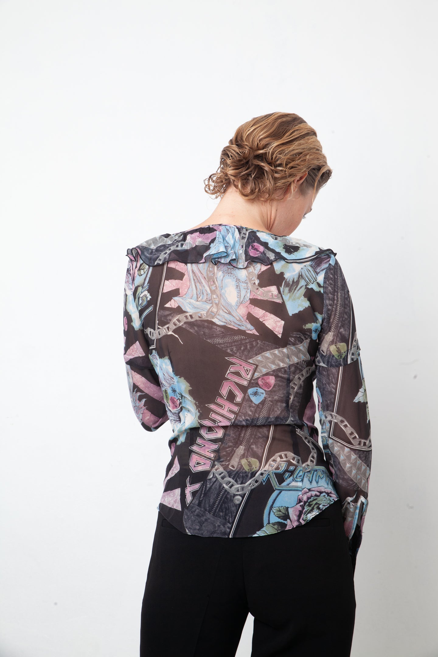 John Richmond 2000's silk black, blue & pink graphic printed shirt with lace detail