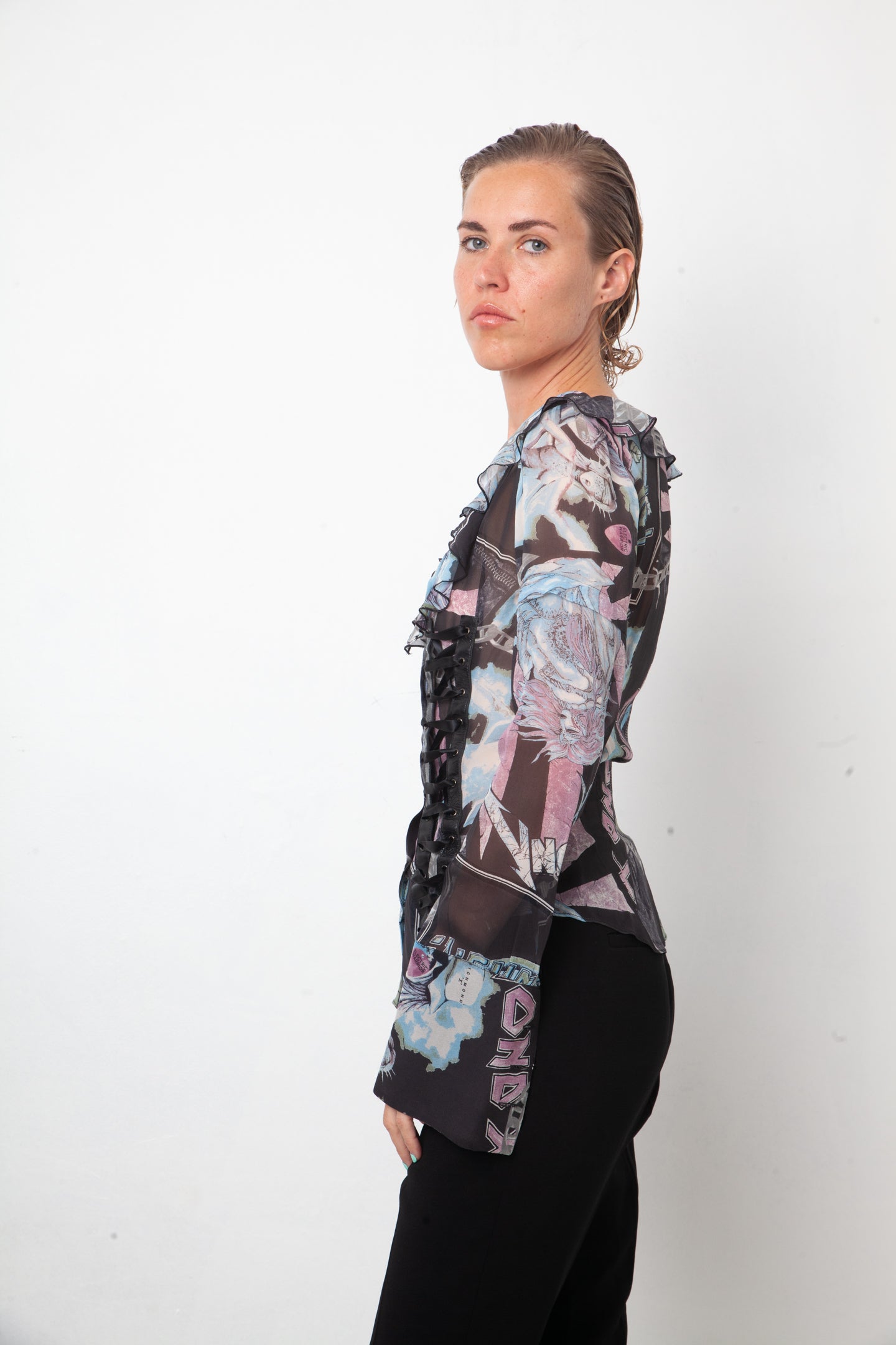 John Richmond 2000's silk black, blue & pink graphic printed shirt with lace detail