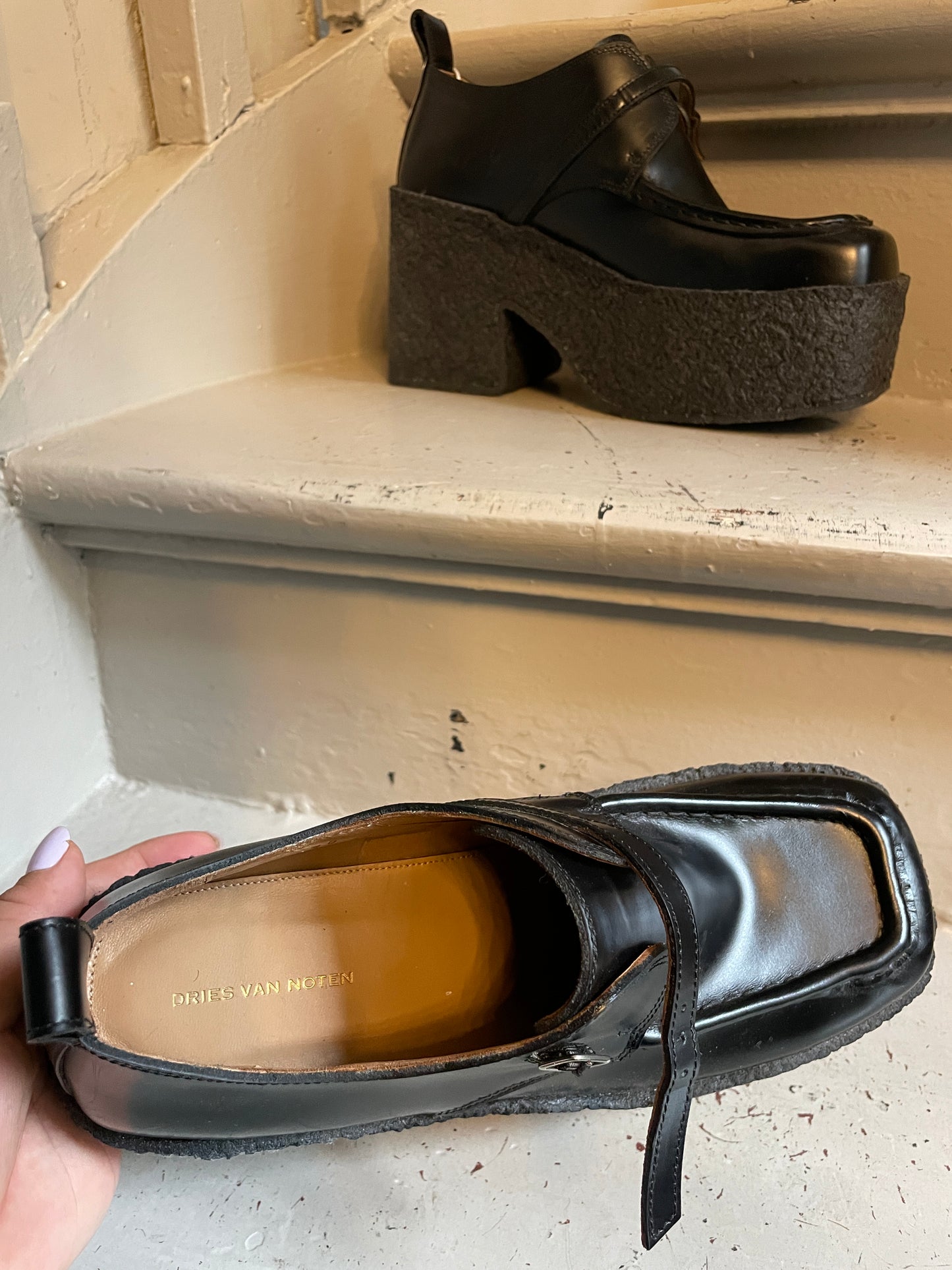 Dries van Noten black leather platform loafers with chunky rubber sole size 39