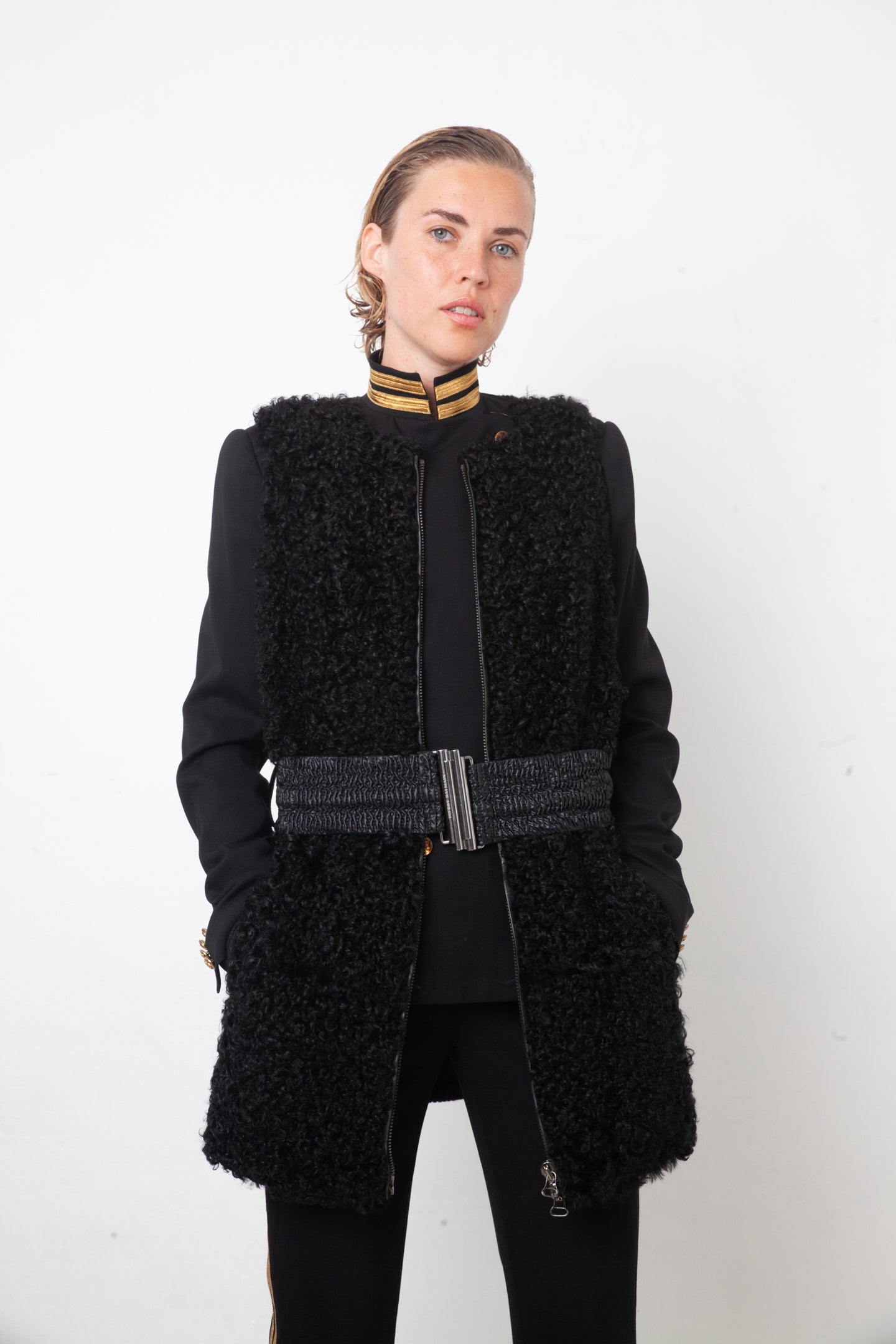 Balmain 2000's black shearling hair sleeveless jacket with belt