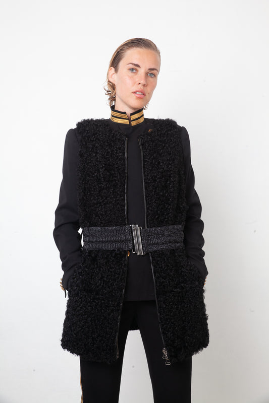 Balmain 2000's black shearling hair sleeveless jacket with belt