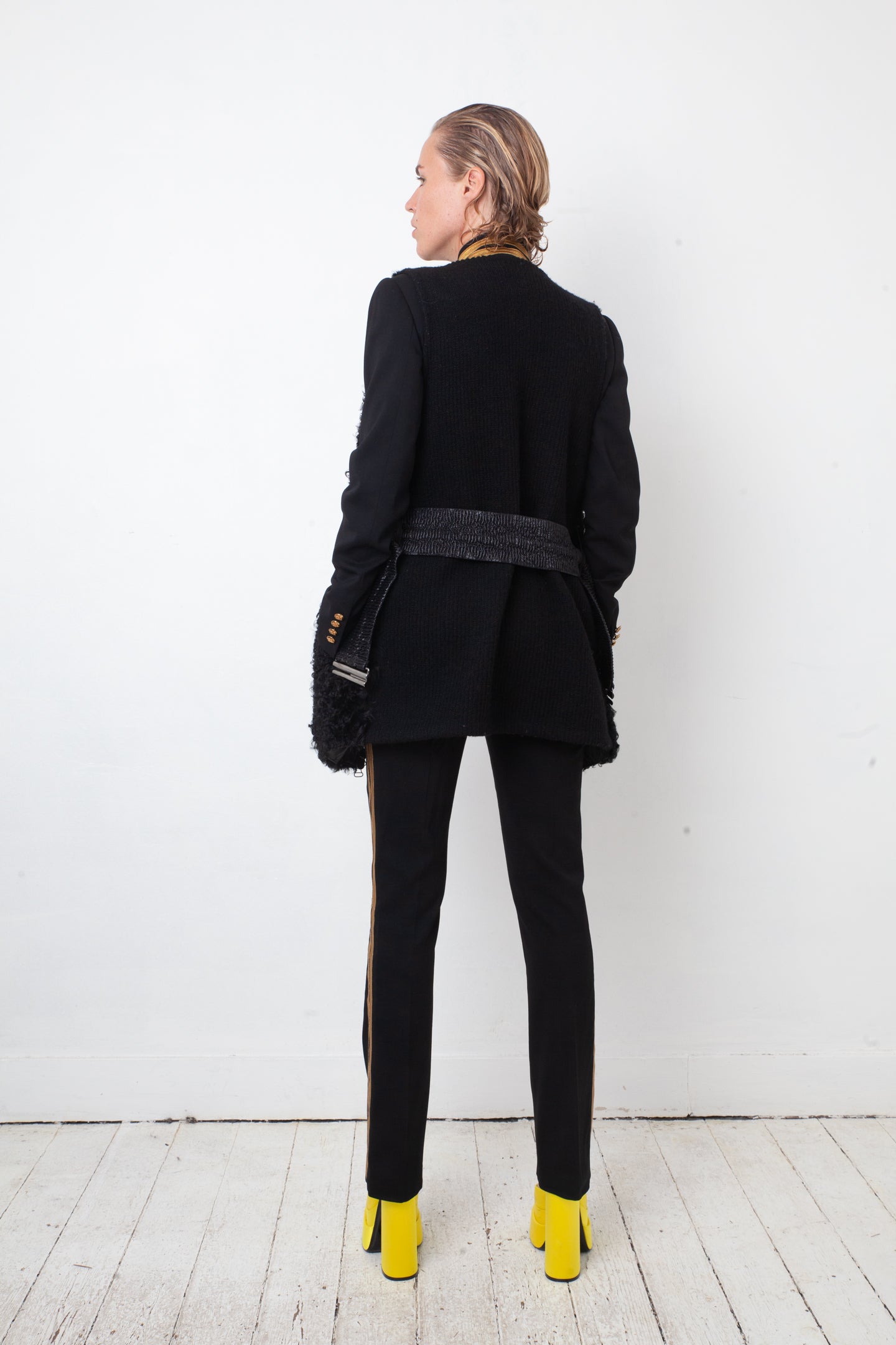 Balmain 2000's black shearling hair sleeveless jacket with belt