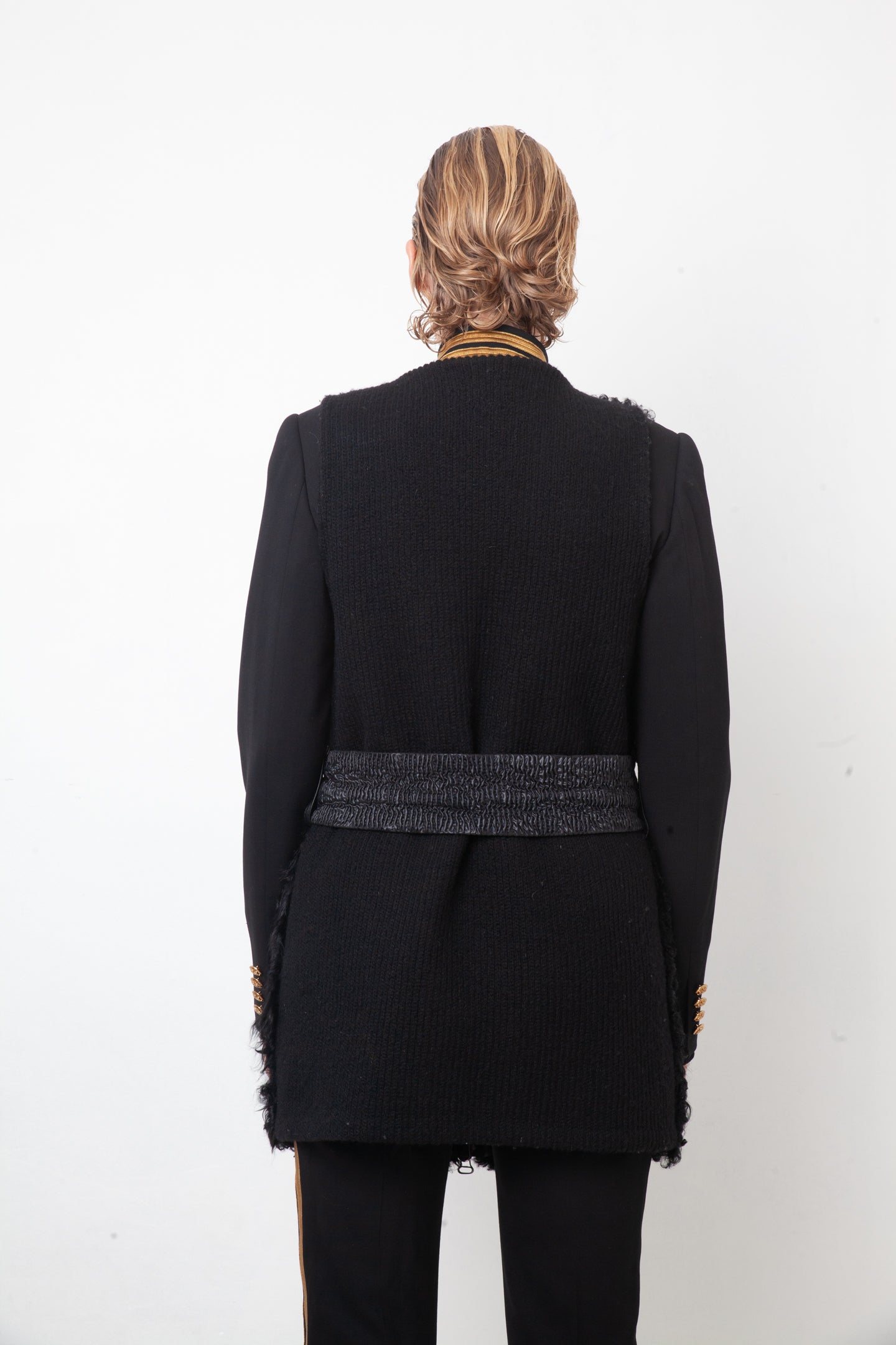Balmain 2000's black shearling hair sleeveless jacket with belt