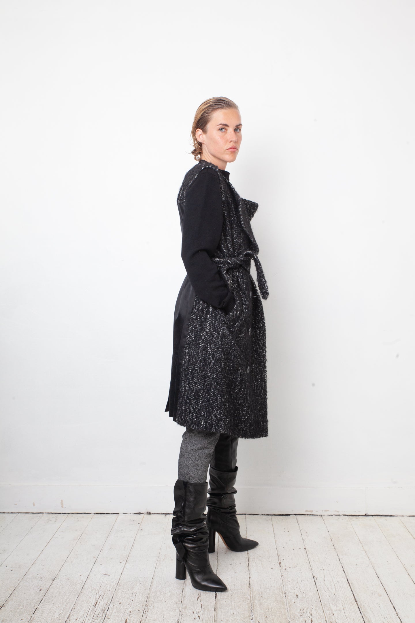 Dries van Noten 2010's sleeveless wool bouclé grey coat with belt