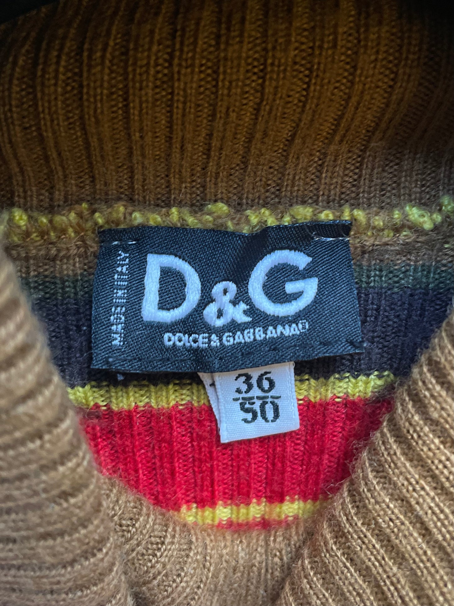 D&G 2000's wool striped turtleneck sweater in orange, brown, red & blue