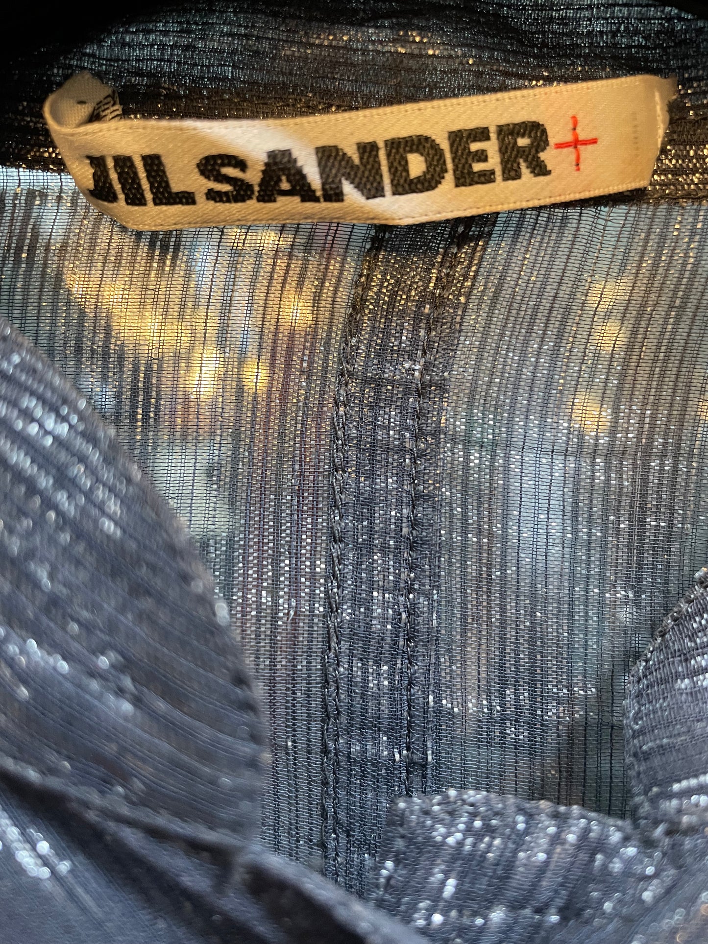 Jil Sander silver transparent button down tunic with pleated skirt