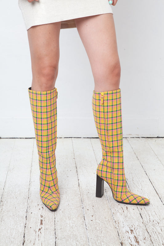 Balenciaga Fall 2018 checkered yellow pink and green cloth boots size 37