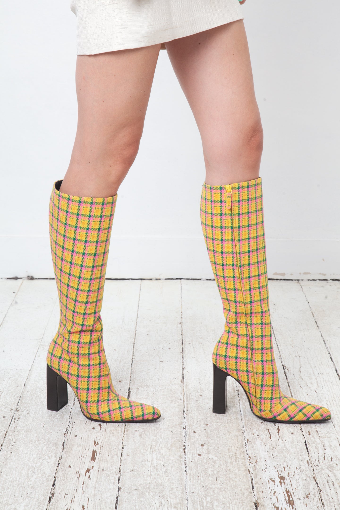 Balenciaga Fall 2018 checkered yellow pink and green cloth boots size 37