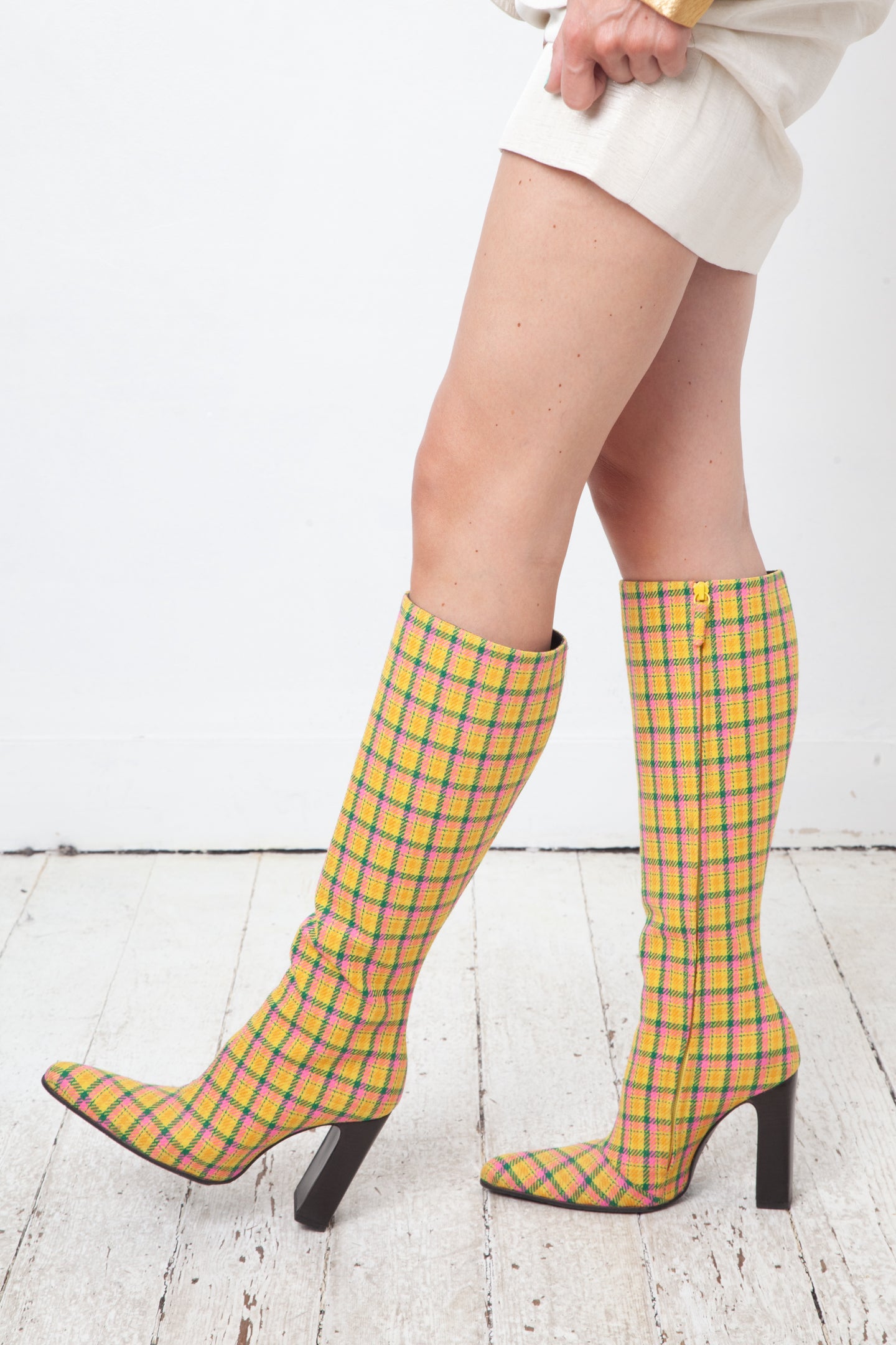 Balenciaga Fall 2018 checkered yellow pink and green cloth boots size 37
