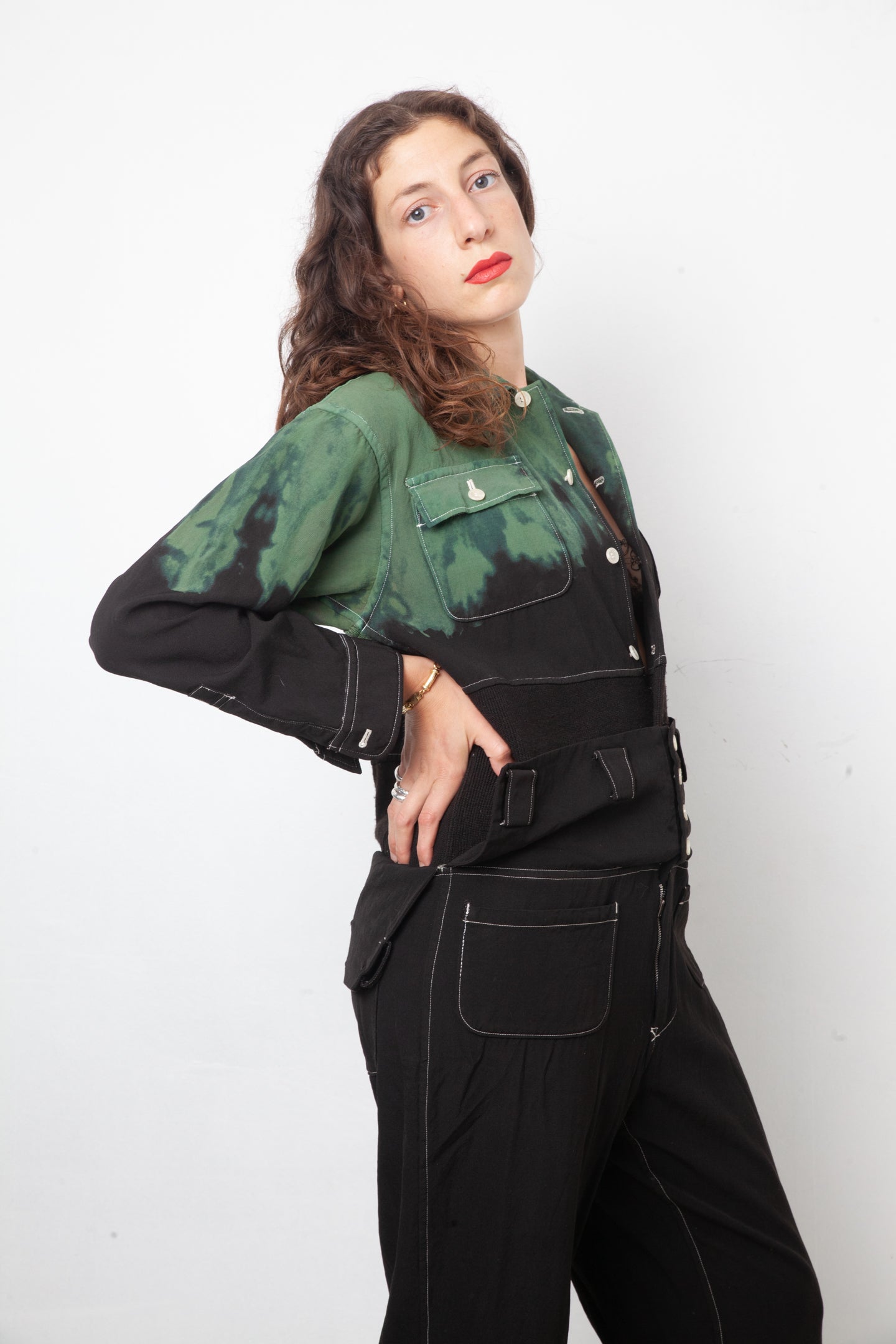 Yohji Yamamoto 2000's black and green tie dye wool jumpsuit