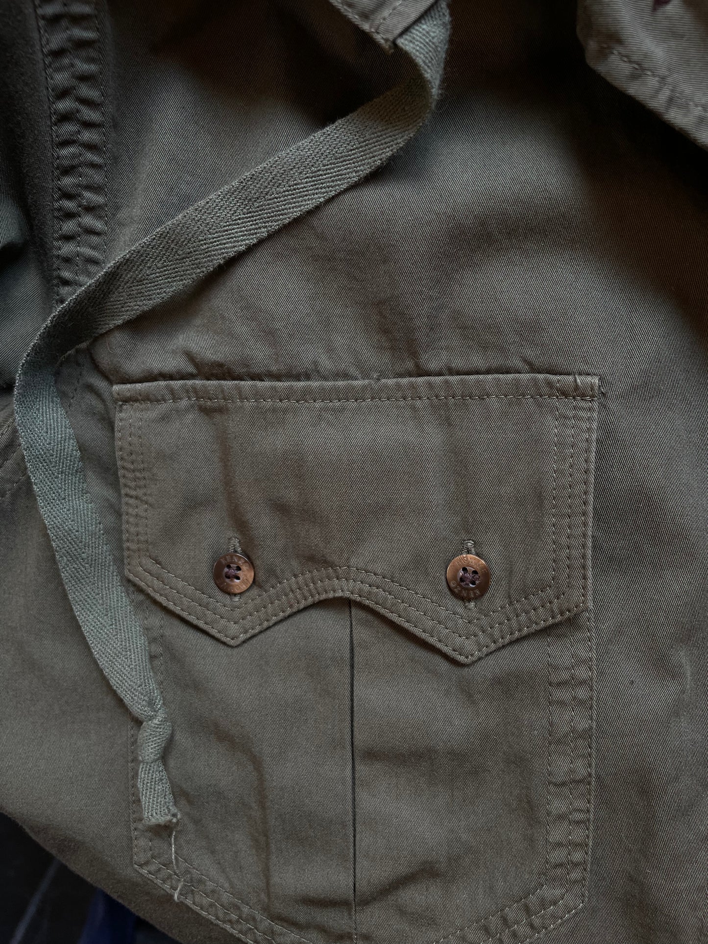 Kenzo 2000's men's khaki cotton shirt with hood and dragon patch in the back