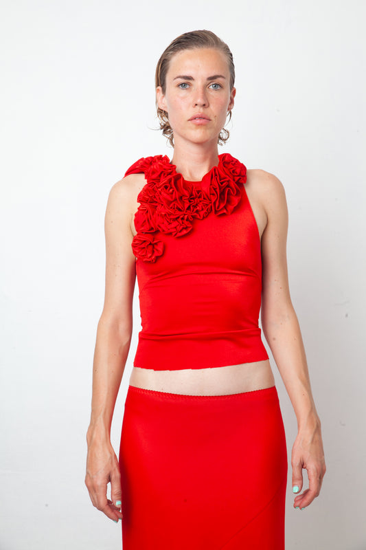 IRIÉ 2000's bright red stretchy top with sculptural 3D roses collar