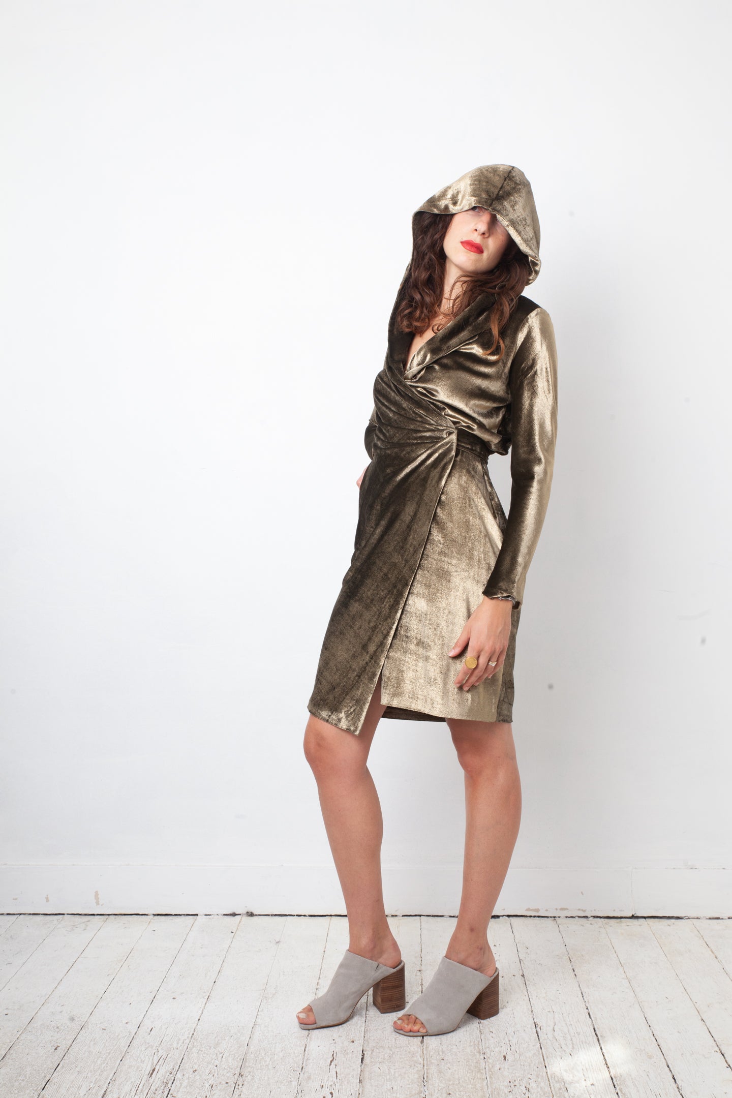 Max Mara 2000's golden hooded sweater dress