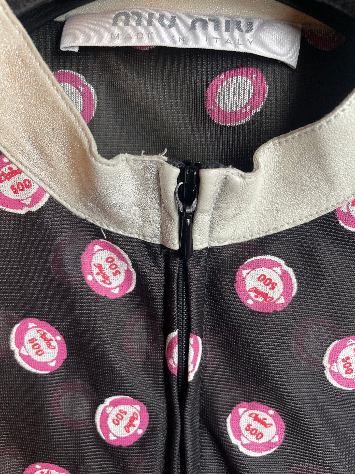 Miu Miu SS2000 mesh jacket with casino coin print and silver leather collar and trims