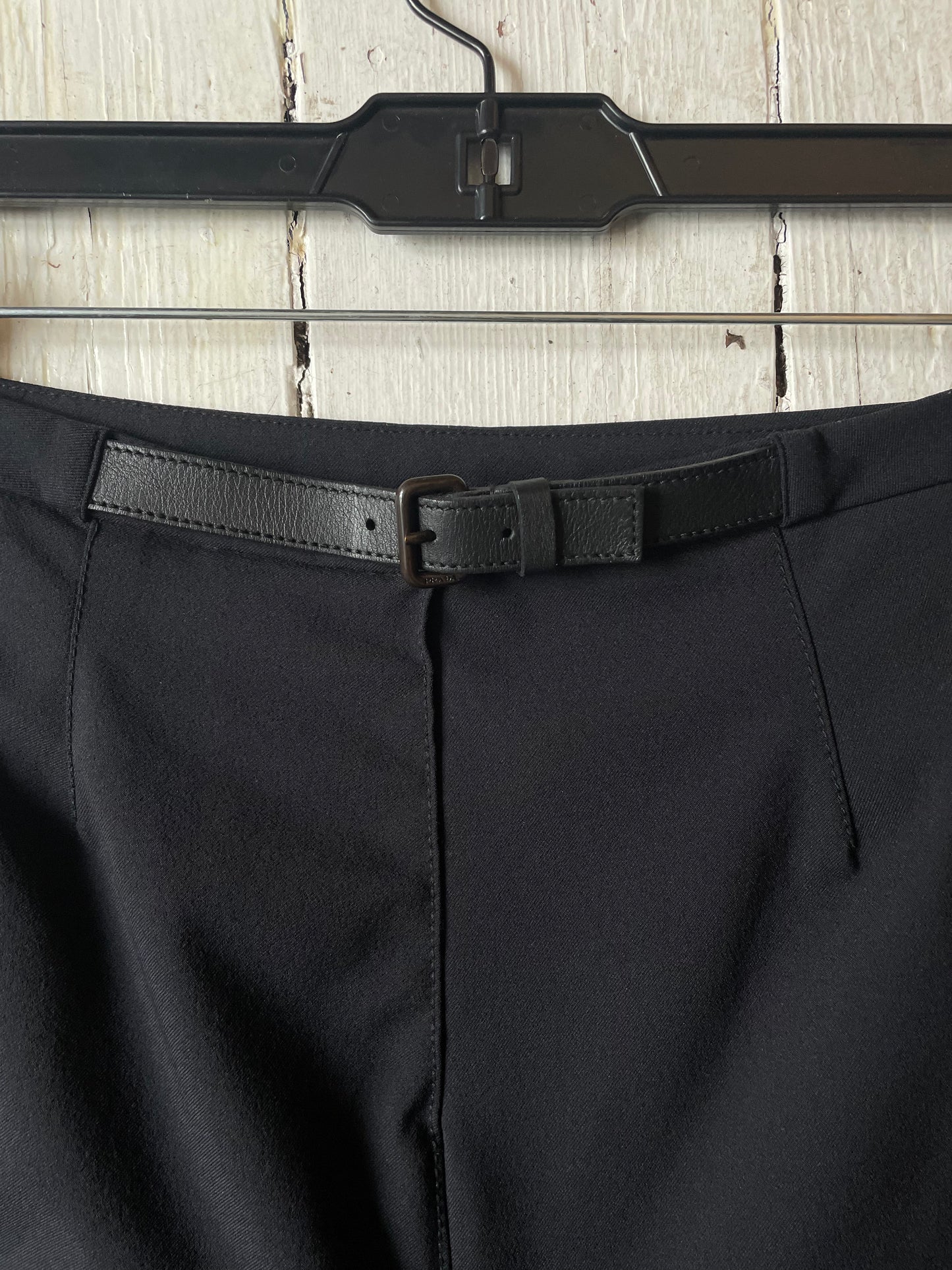 Prada 2000's black nylon midi skirt with velcro front pockets and leather belt detail
