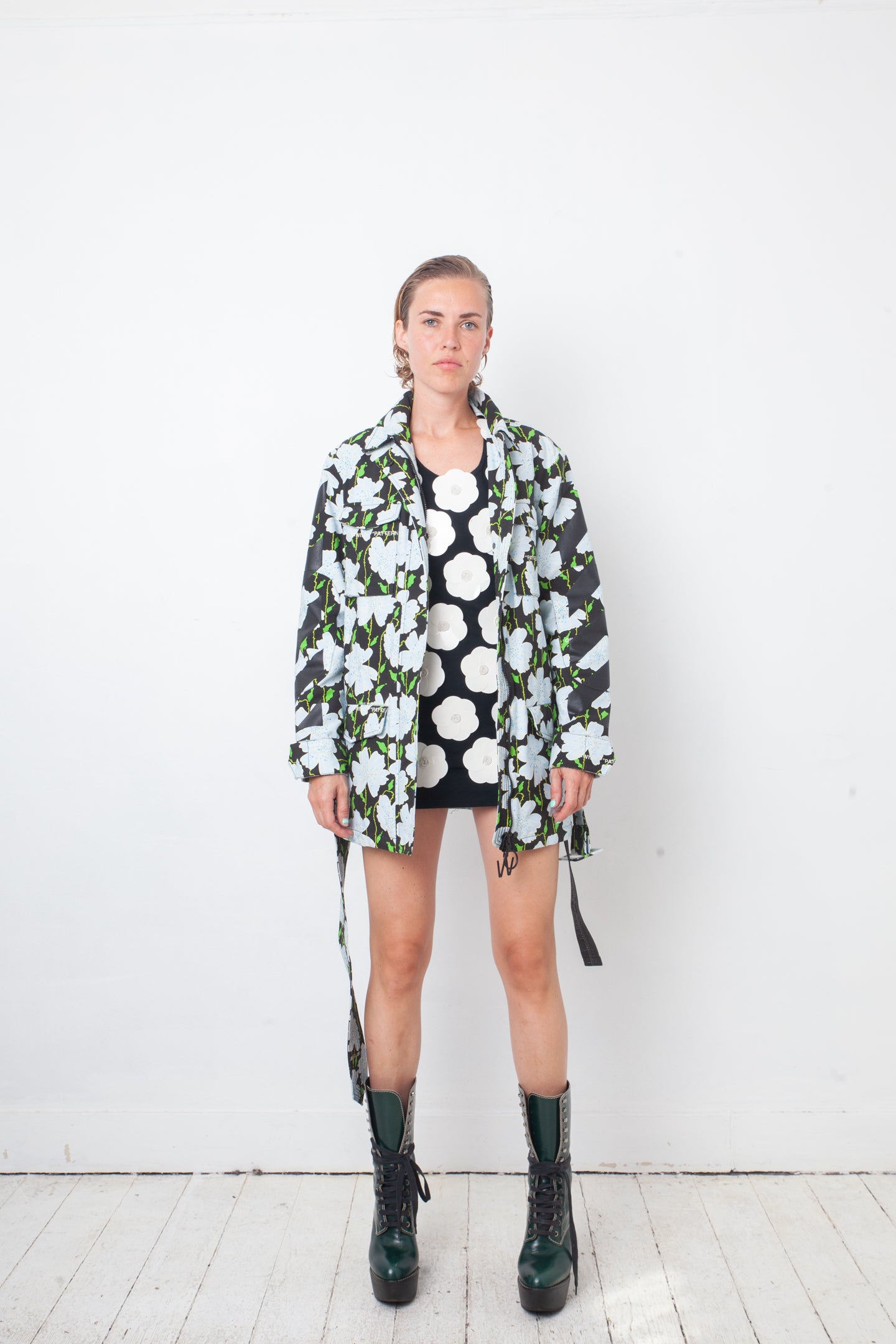 Off-White resort 2018 flower pattern denim jacket with belt and strap detail