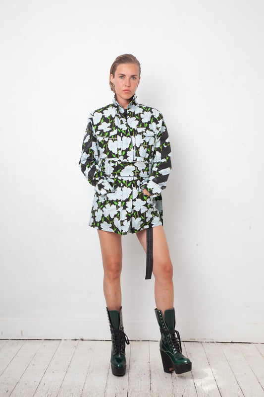 Off-White resort 2018 flower pattern denim jacket with belt and strap detail