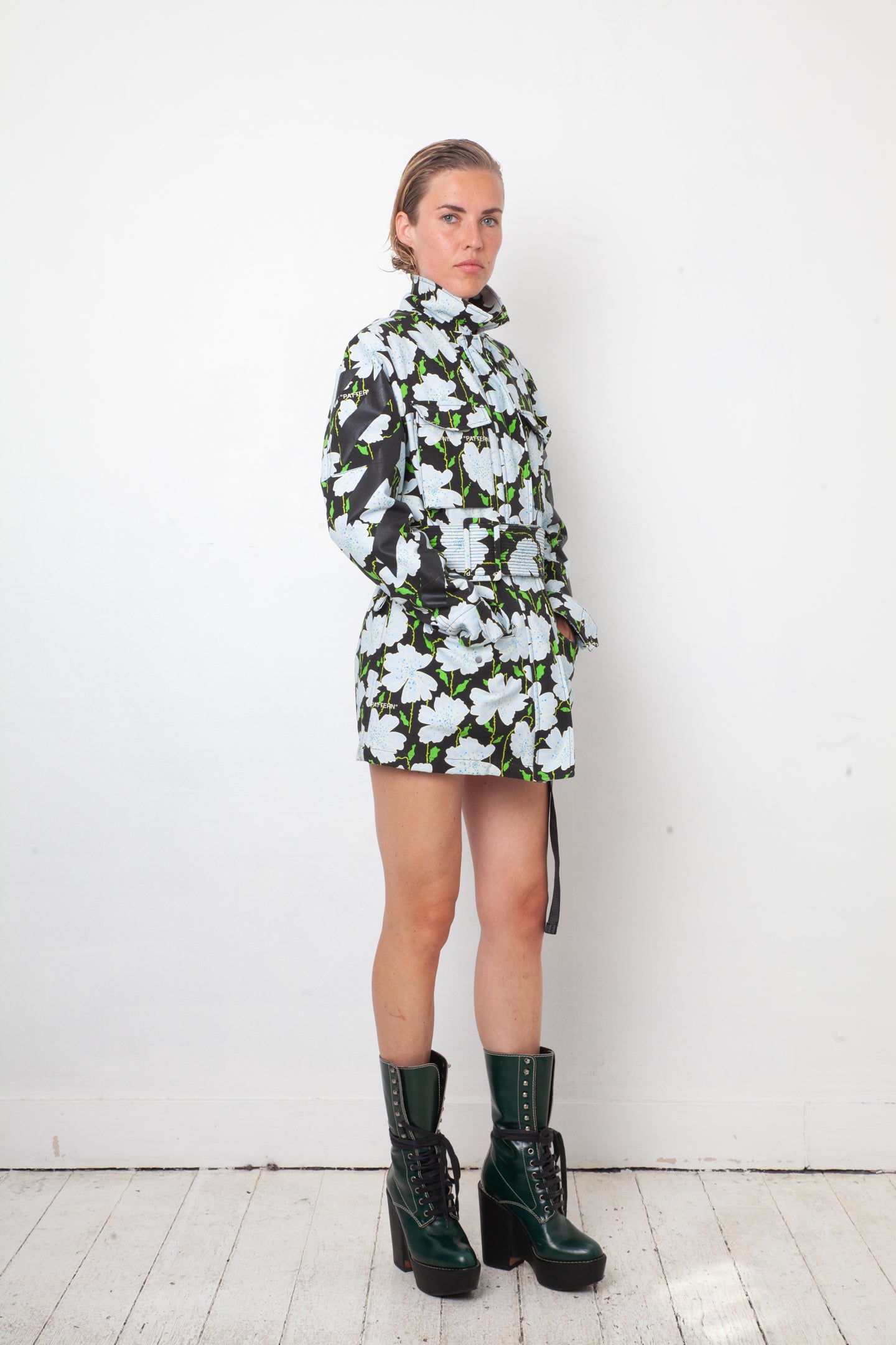 Off-White resort 2018 flower pattern denim jacket with belt and strap detail