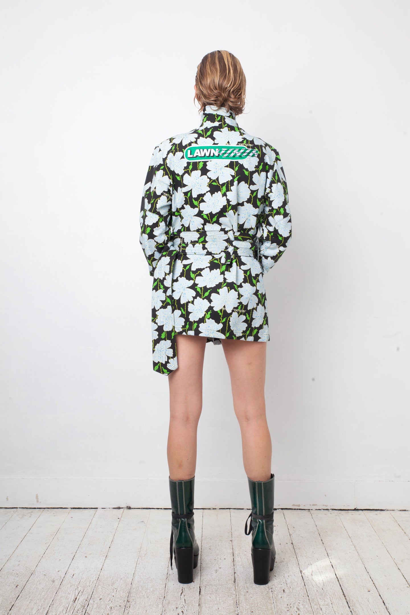 Off-White resort 2018 flower pattern denim jacket with belt and strap detail