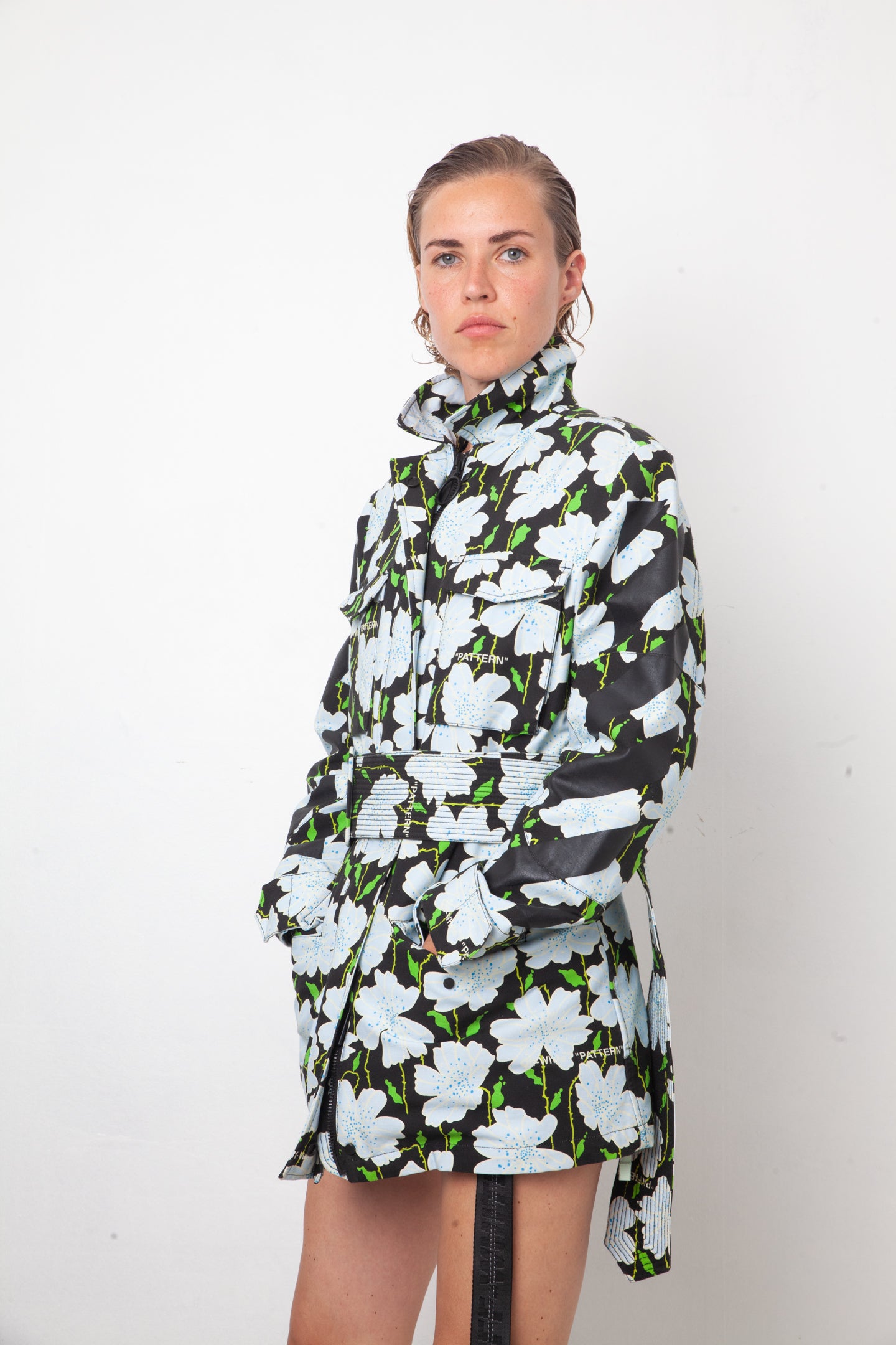 Off-White resort 2018 flower pattern denim jacket with belt and strap detail