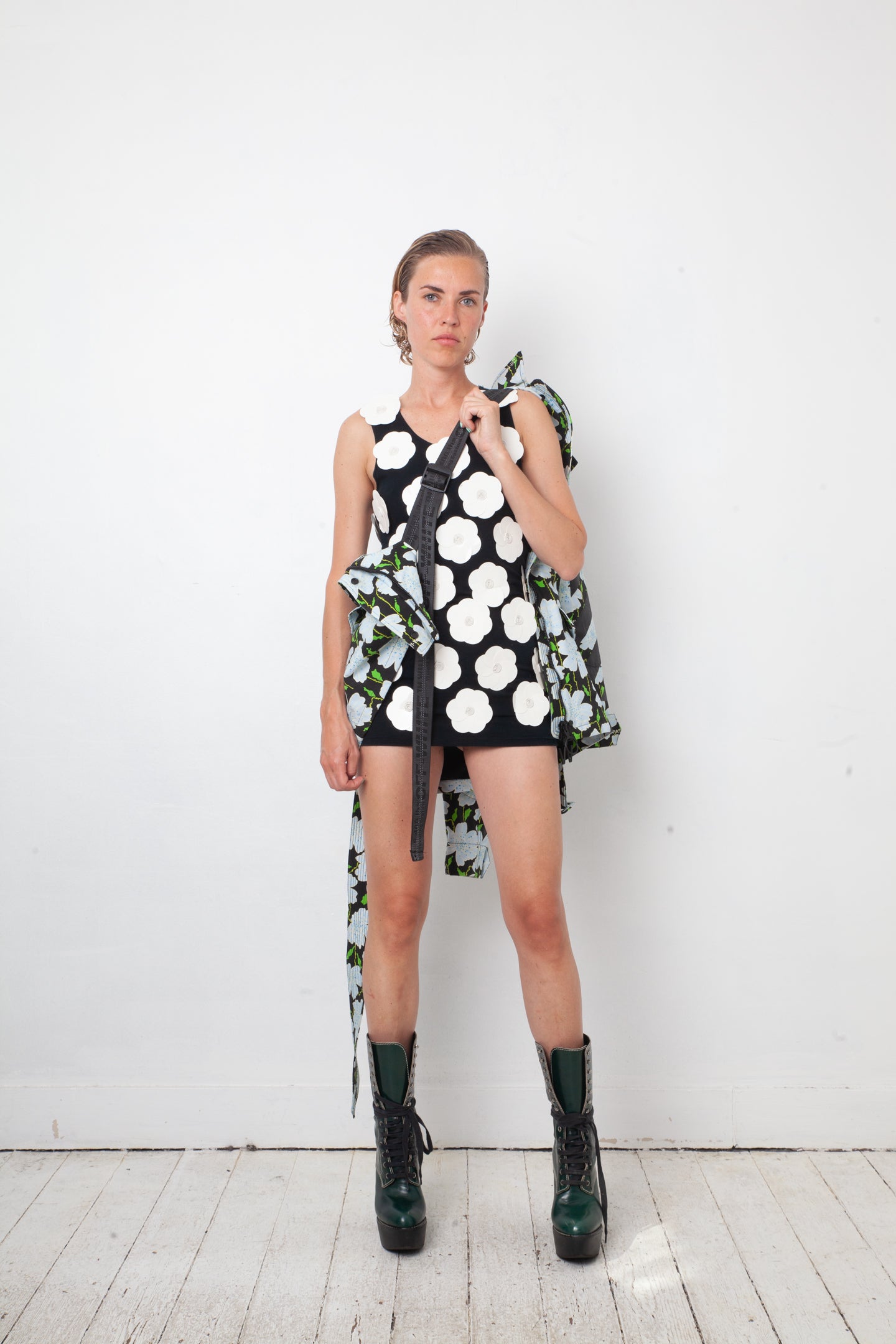 Off-White resort 2018 flower pattern denim jacket with belt and strap detail