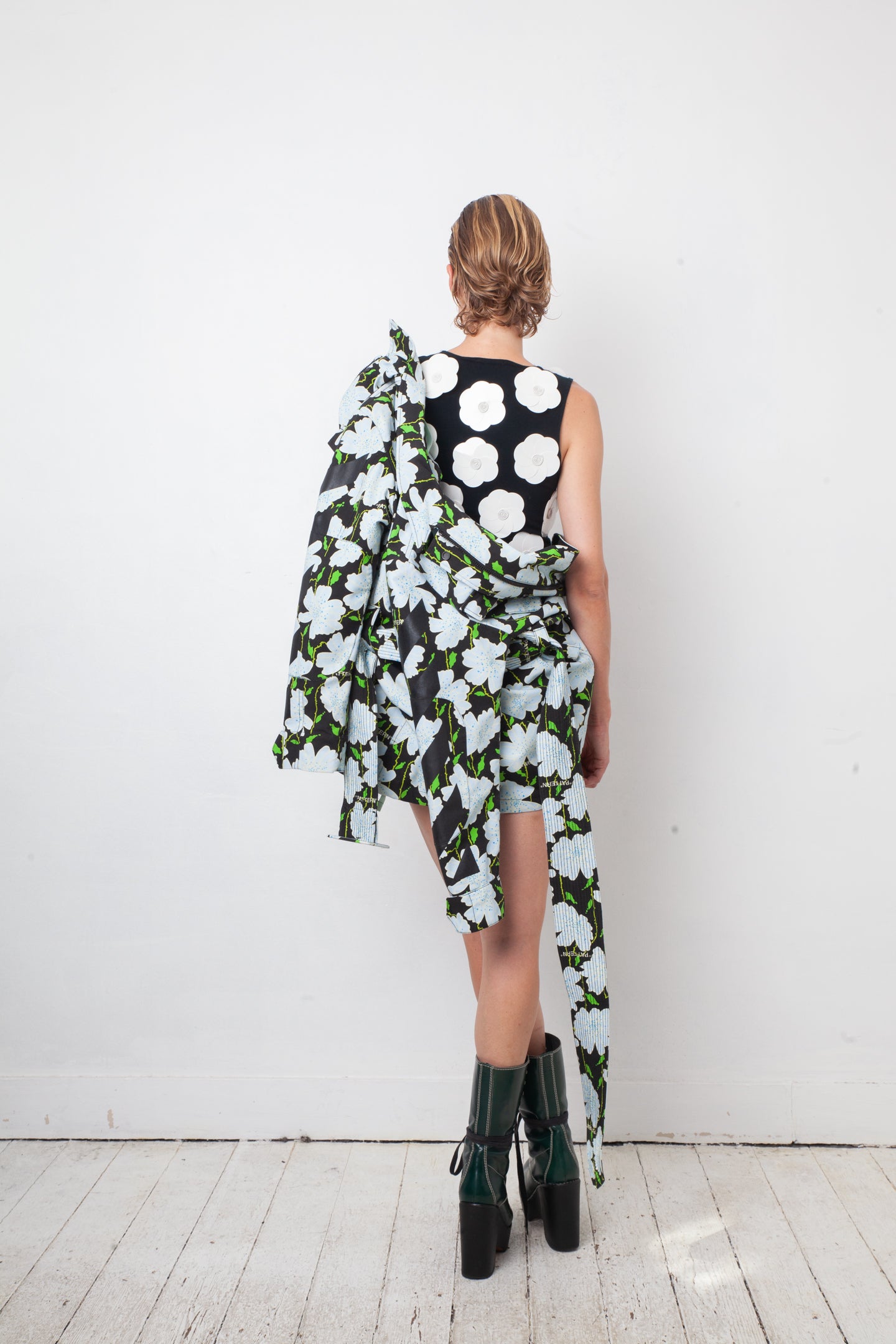 Off-White resort 2018 flower pattern denim jacket with belt and strap detail