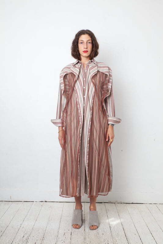 Y Project wool striped beige and red button shirt dress with tulle layer