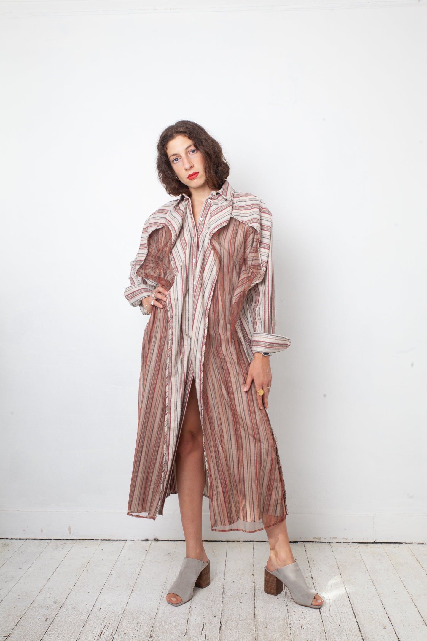Y Project wool striped beige and red button shirt dress with tulle layer