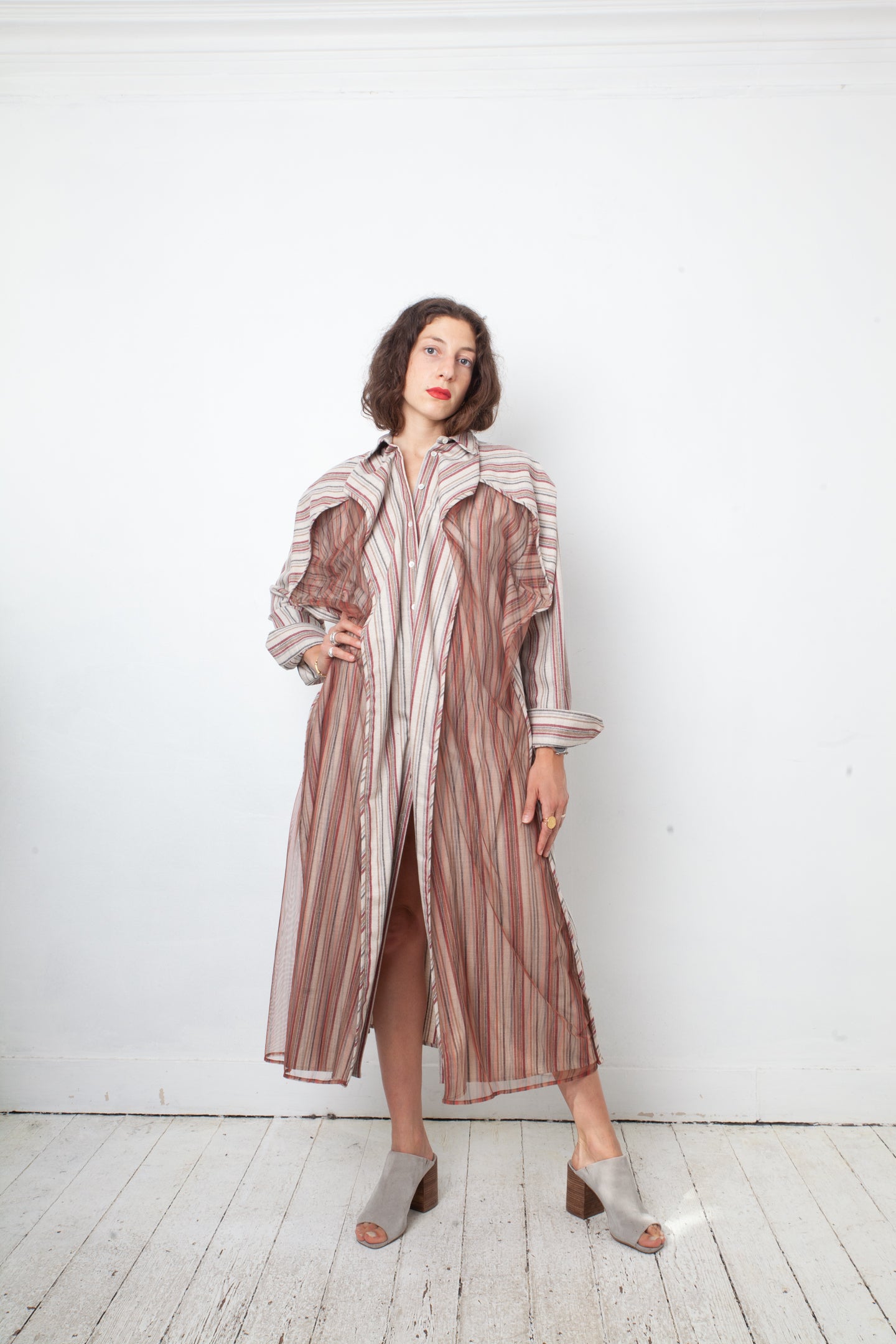 Y Project wool striped beige and red button shirt dress with tulle layer