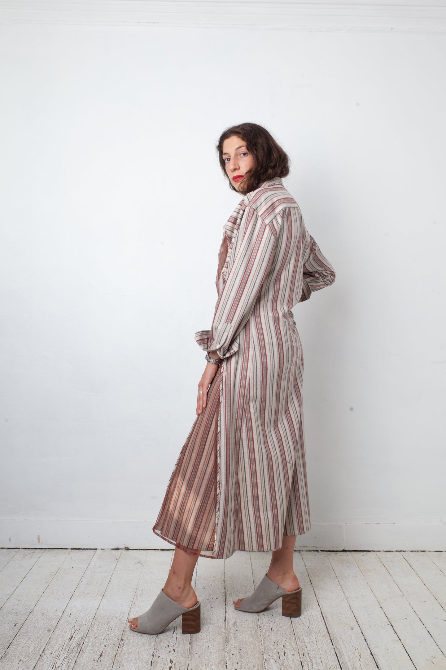 Y Project wool striped beige and red button shirt dress with tulle layer