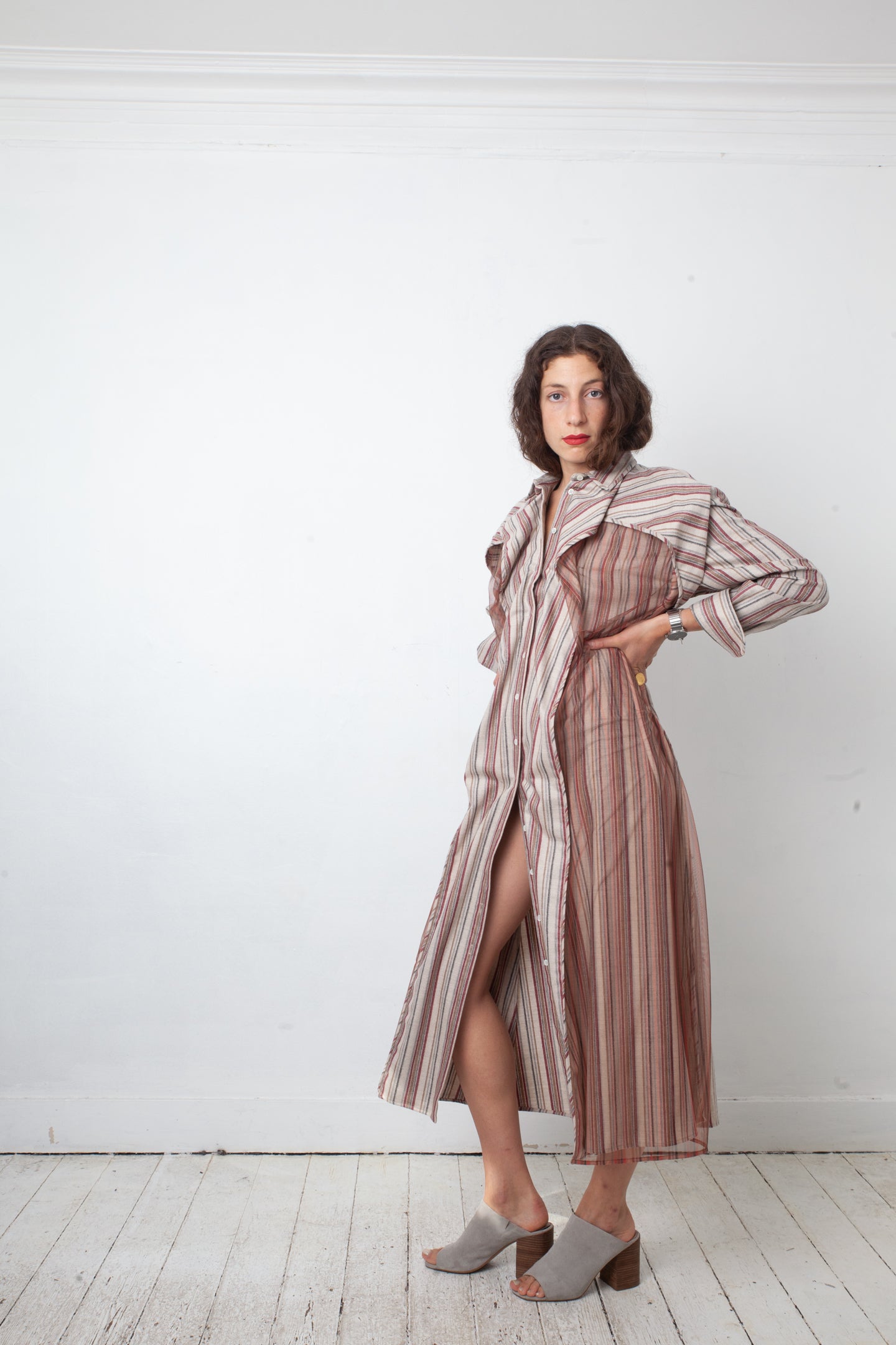 Y Project wool striped beige and red button shirt dress with tulle layer