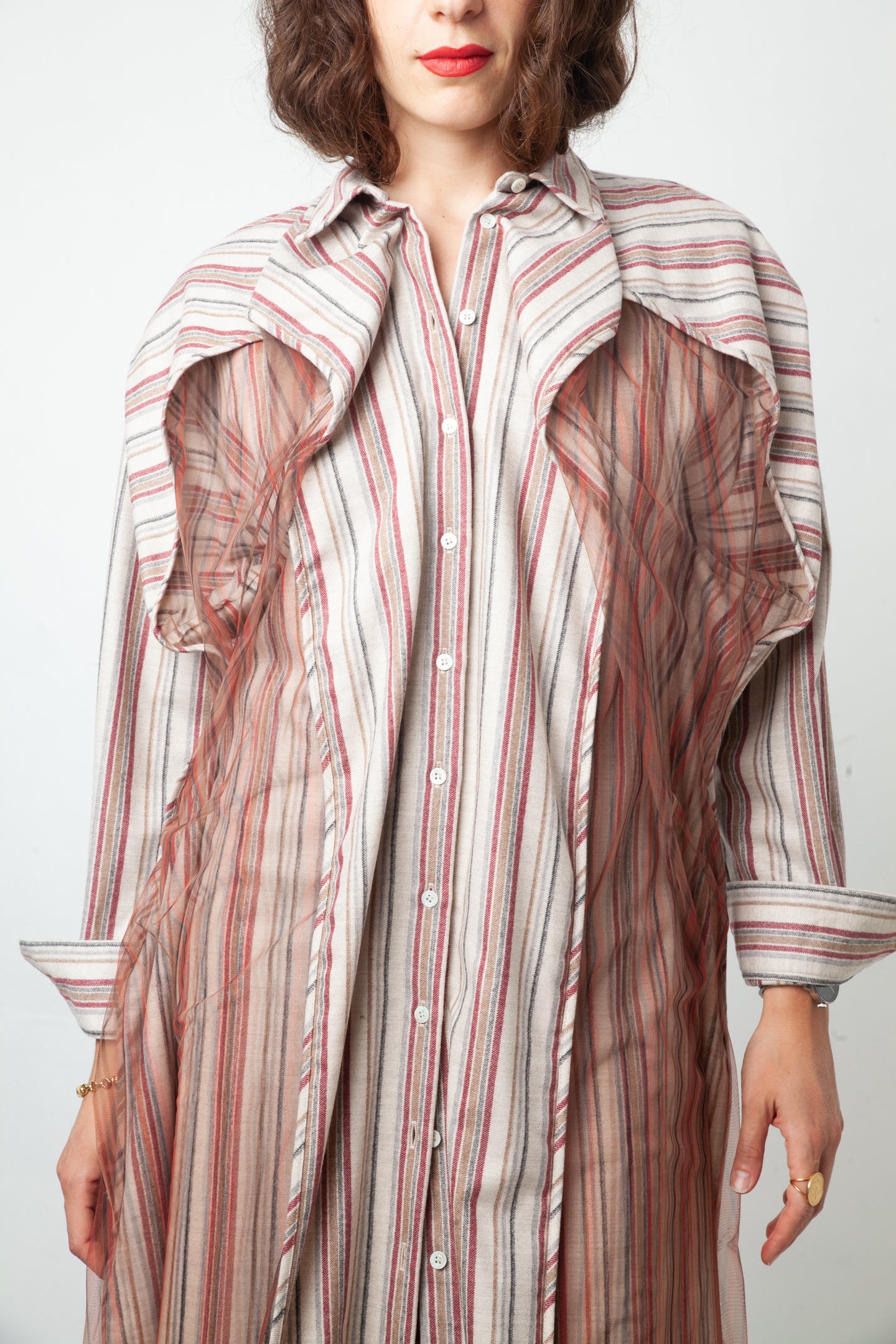 Y Project wool striped beige and red button shirt dress with tulle layer