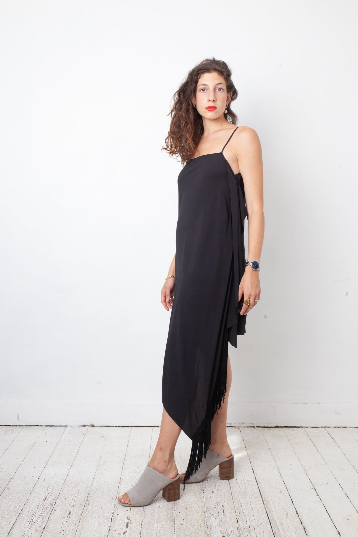 Balenciaga 2016 black asymmetric slip on dress with fringes
