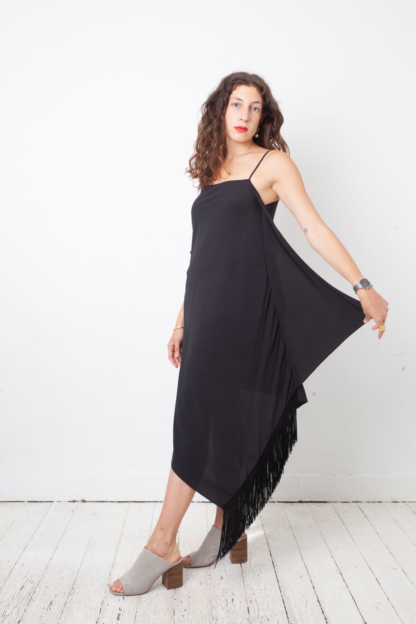 Balenciaga 2016 black asymmetric slip on dress with fringes